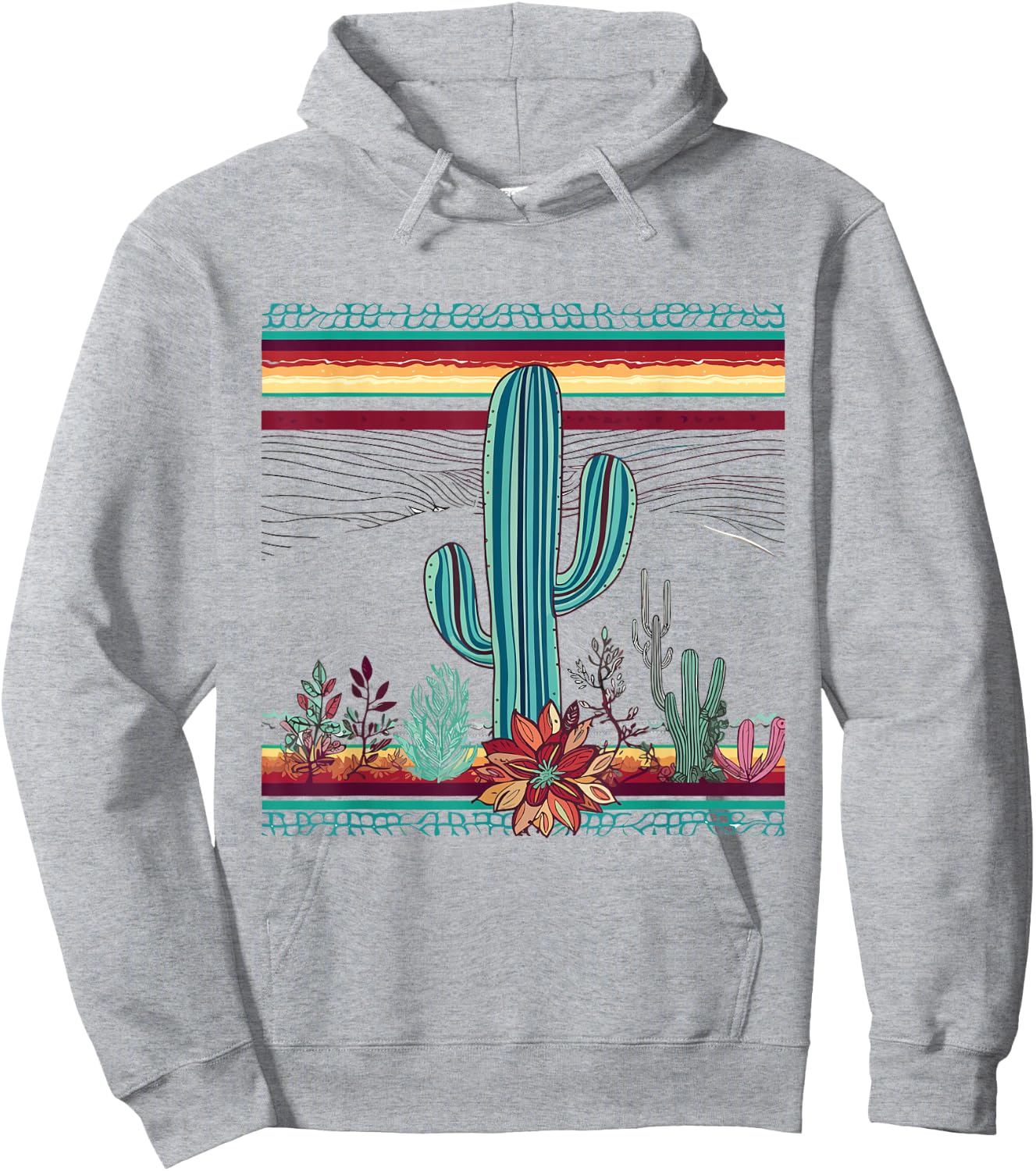 Serape Cactus Print Turquoise Western Saguaro Cactus Hoodie - Hoodie | Ash
