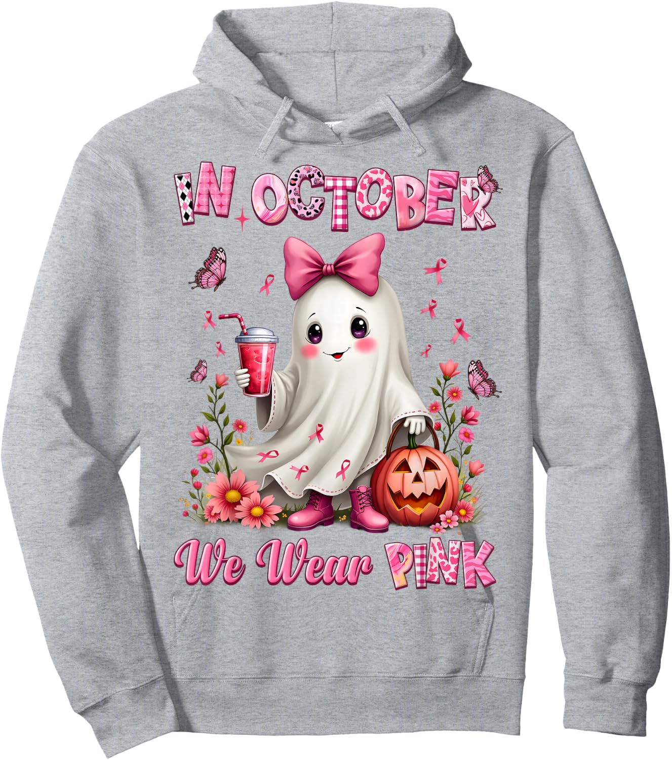 In October We Wear Pink Ghost Breast Cancer Awareness Hoodie - Hoodie | Ash