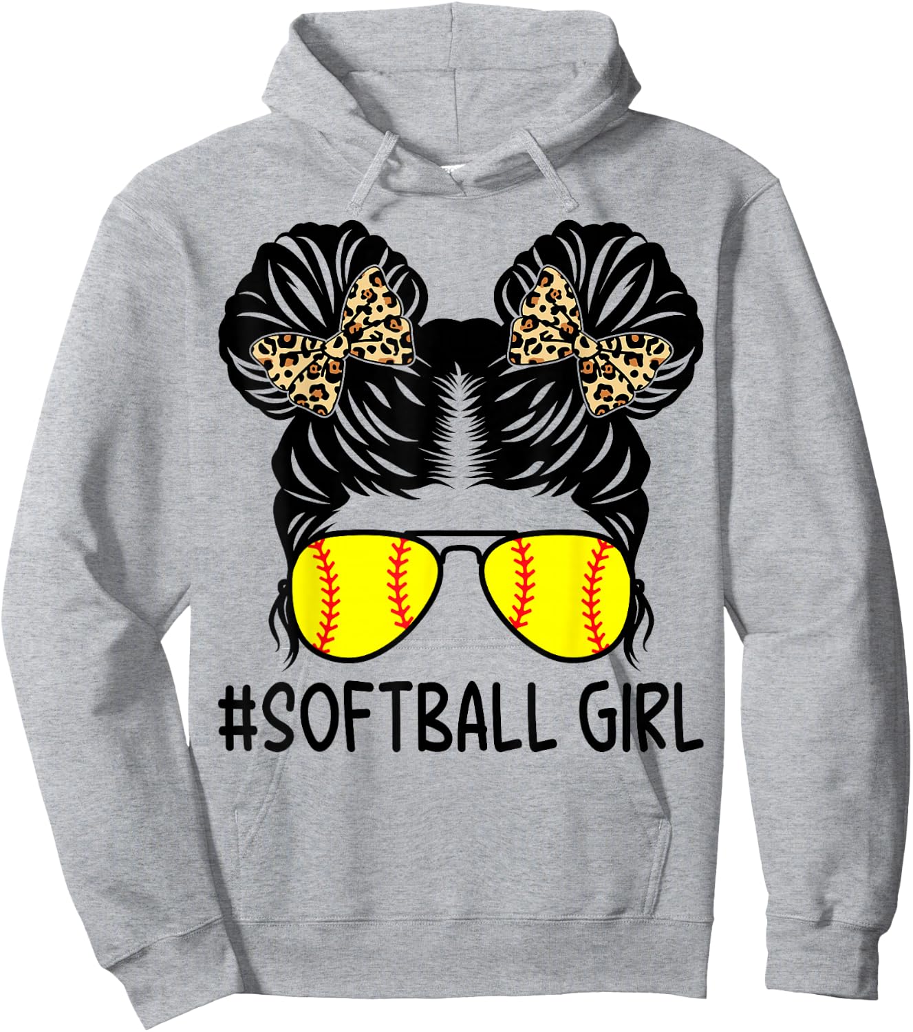 Softball Girl Leopard Messy Bun Softball Girls Hoodie - Hoodie | Ash