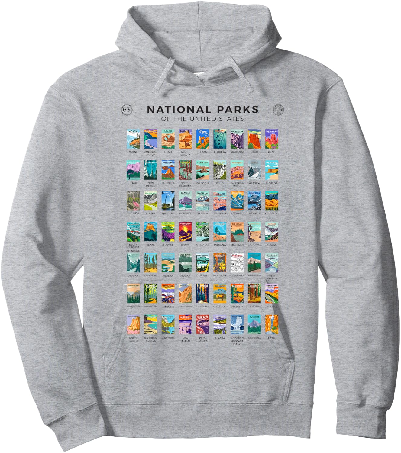 All 63 National Parks Of The United States Vintage Art List Hoodie - Hoodie | Ash