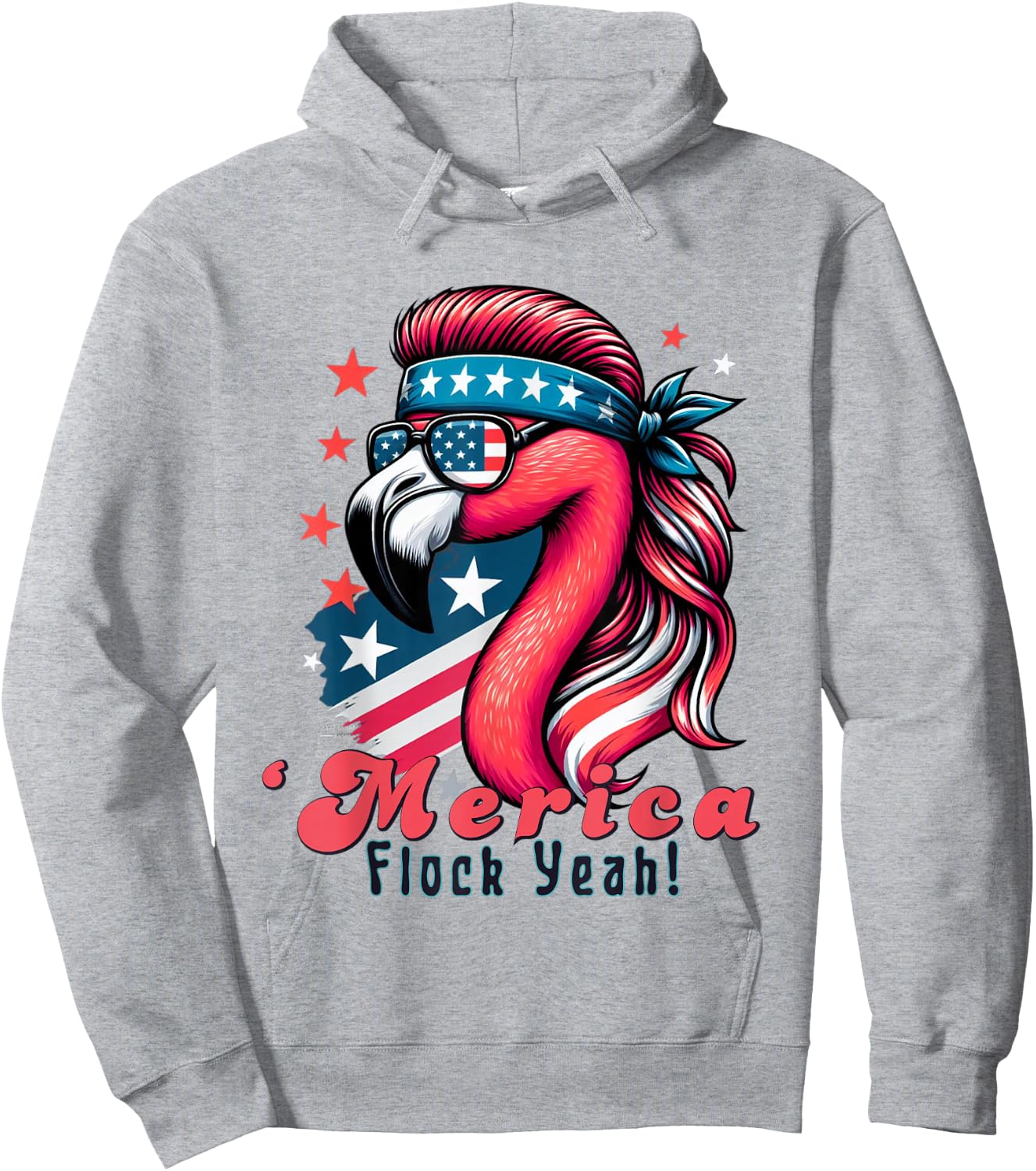 Merica Flock Yeah Funny Flamingo Mullet 4th of July Usa Flag Hoodie - Hoodie | Ash