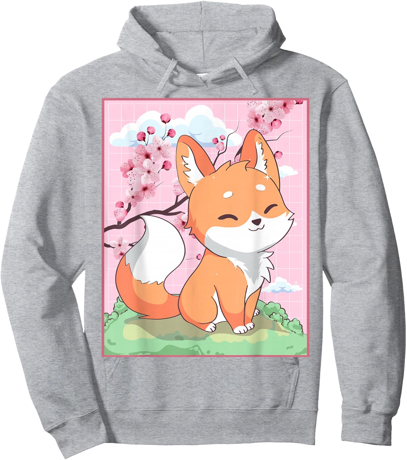 Kawaii Fox Japanese Kitsune Sakura Cherry Blossom Hoodie - Hoodie | Ash