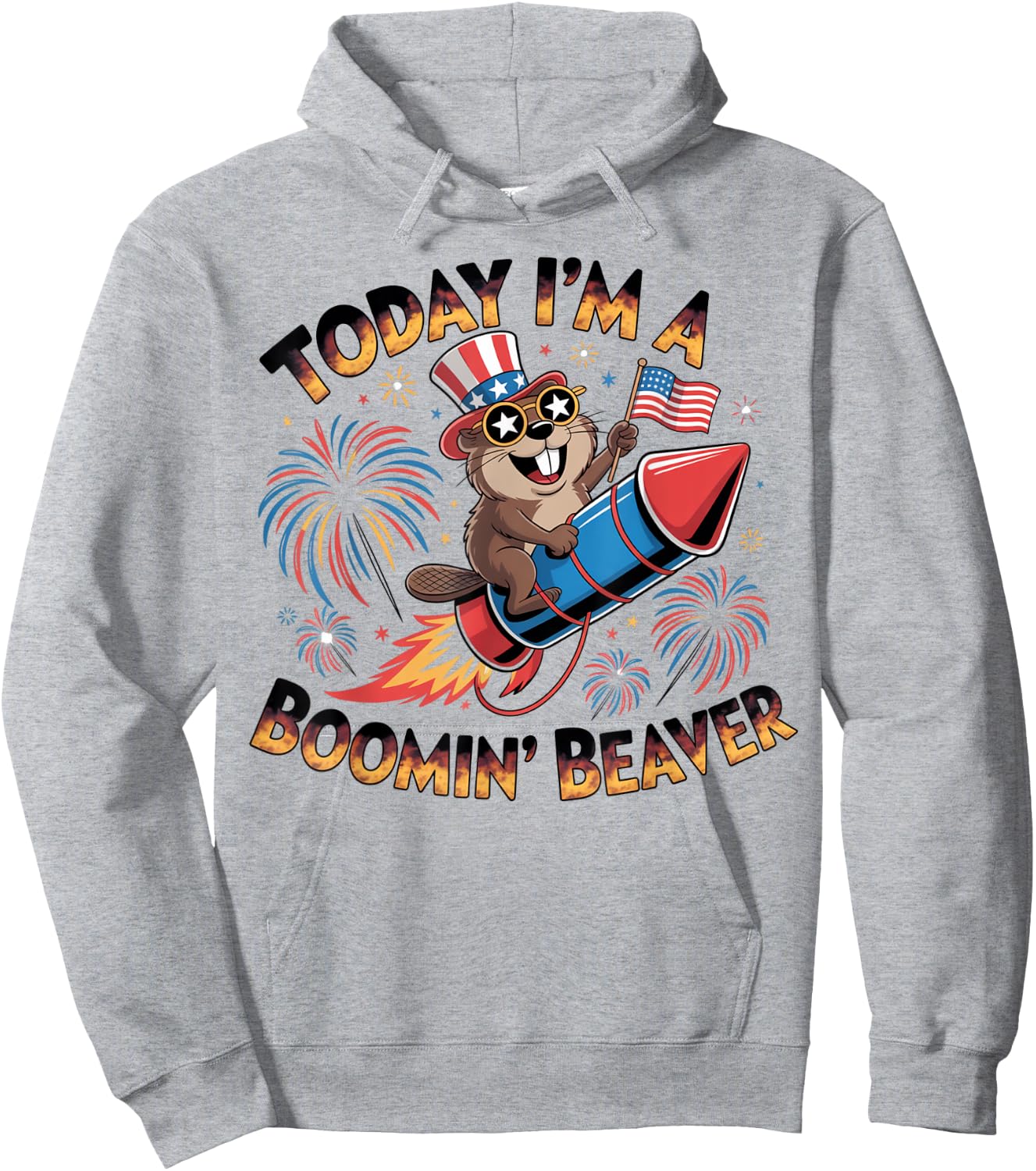 Funny 4th of July Boomin' Beaver Fireworks Patriotic USA Hoodie - Hoodie | Ash