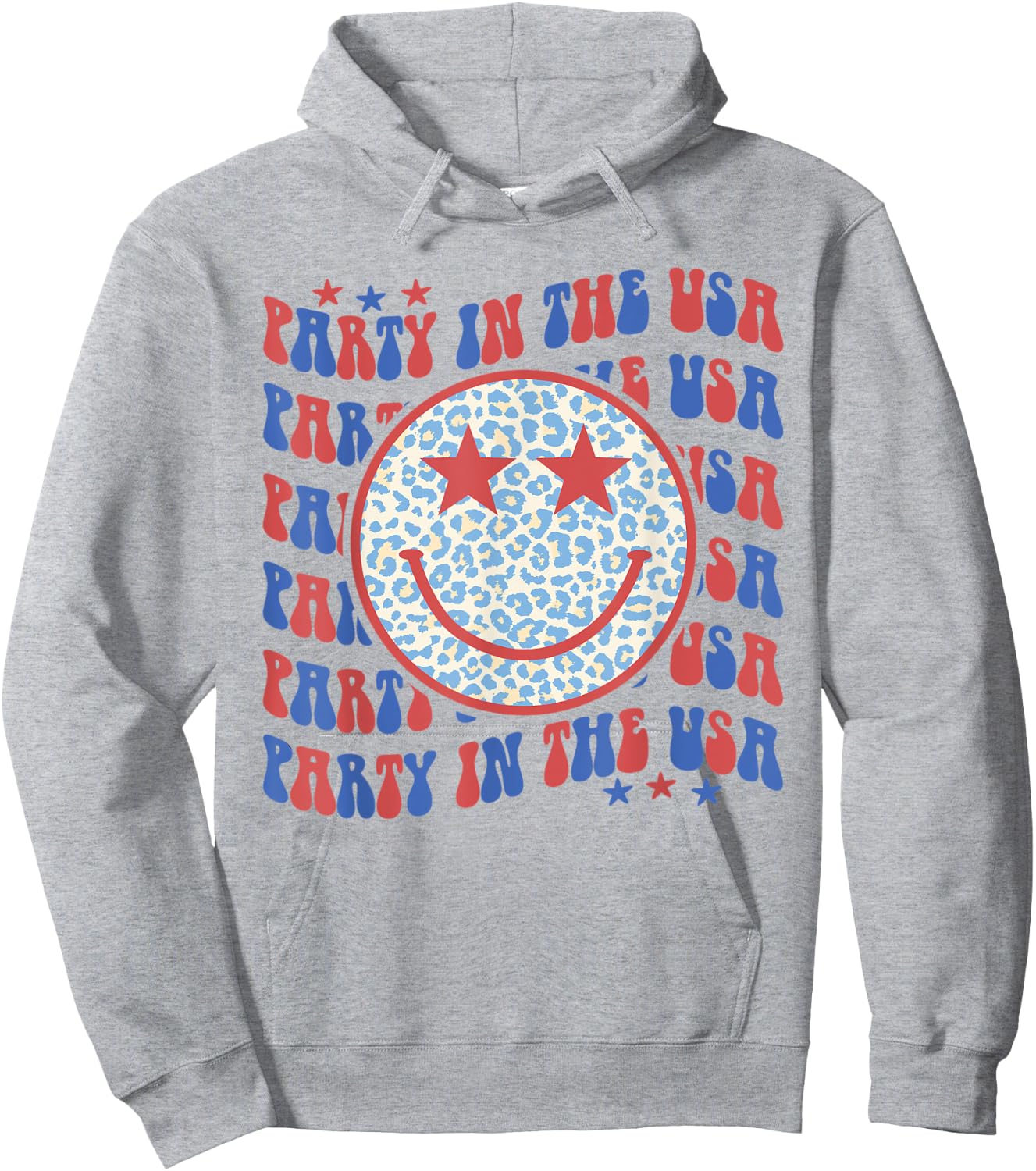 Party In The USA Happy Face Leopard Pattern 4th Of July Hoodie - Hoodie | Ash