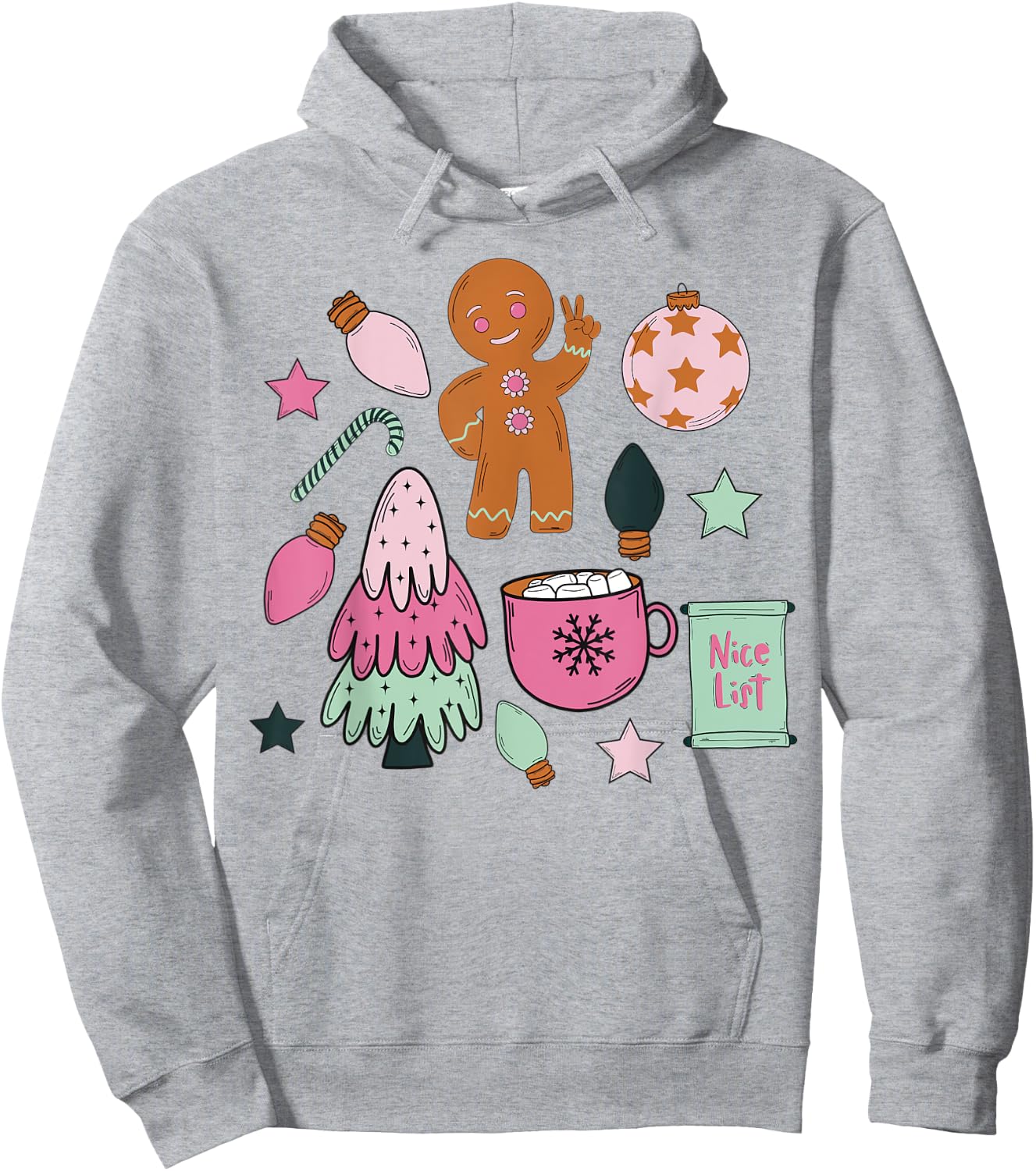 Groovy Merry Christmas Gingerbread Man Peace Sign Pastel Hoodie - Hoodie | Ash