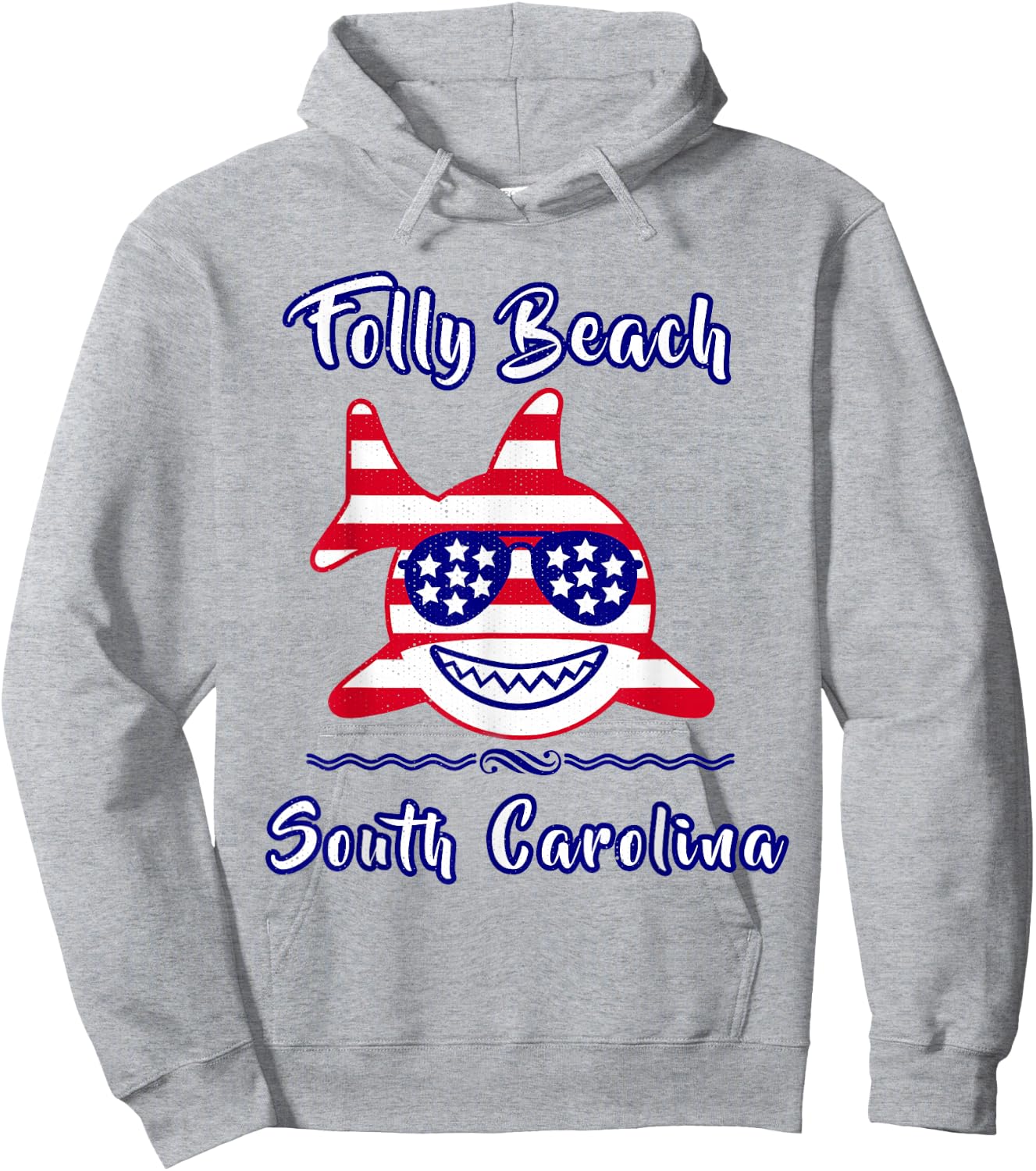 Folly Beach South Carolina Patriotic Coastal Shark Fish Hoodie - Hoodie | Ash