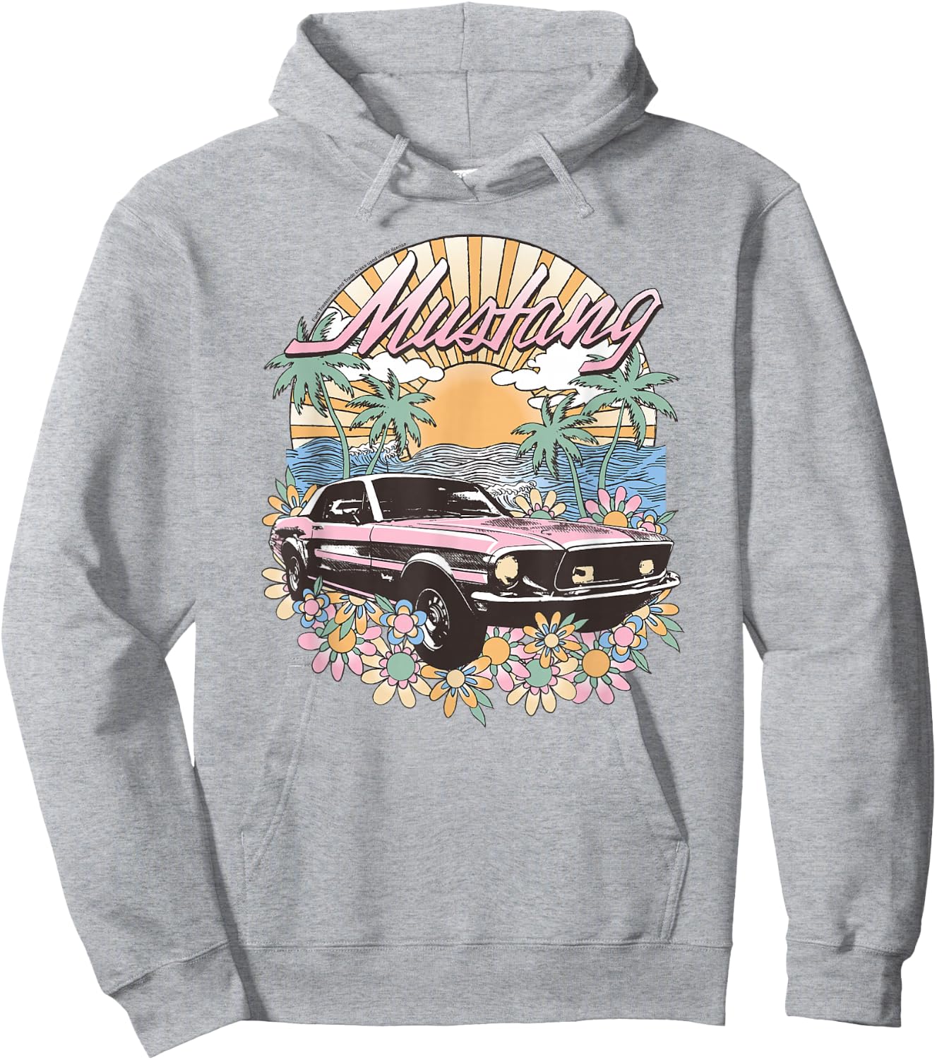 Ford – Vintage Pink Mustang Floral Beach Sunset Palm Trees , white, S Hoodie - Hoodie | Ash
