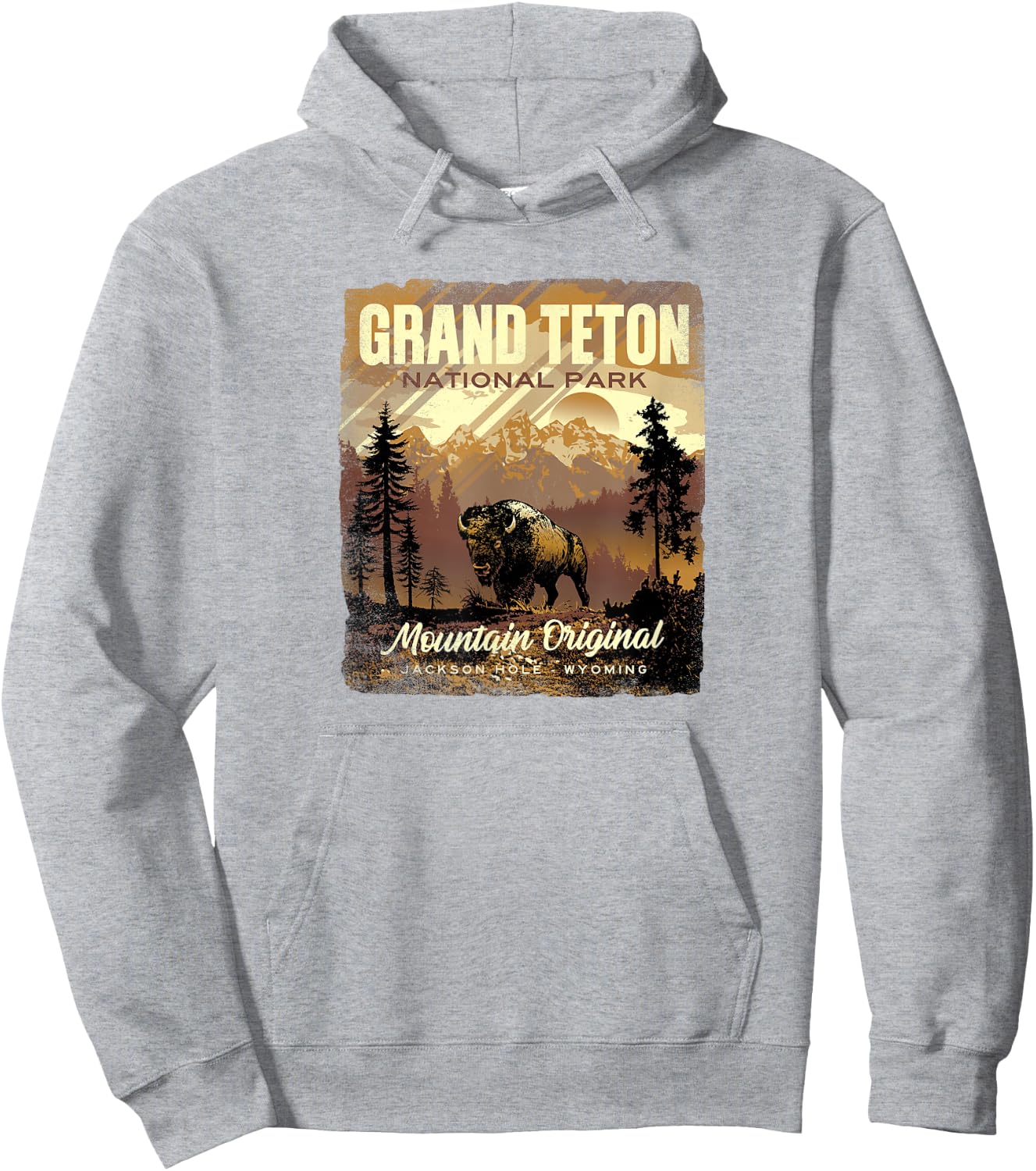 Grand Teton National Park Bison Retro Graphic Hoodie - Hoodie | Ash