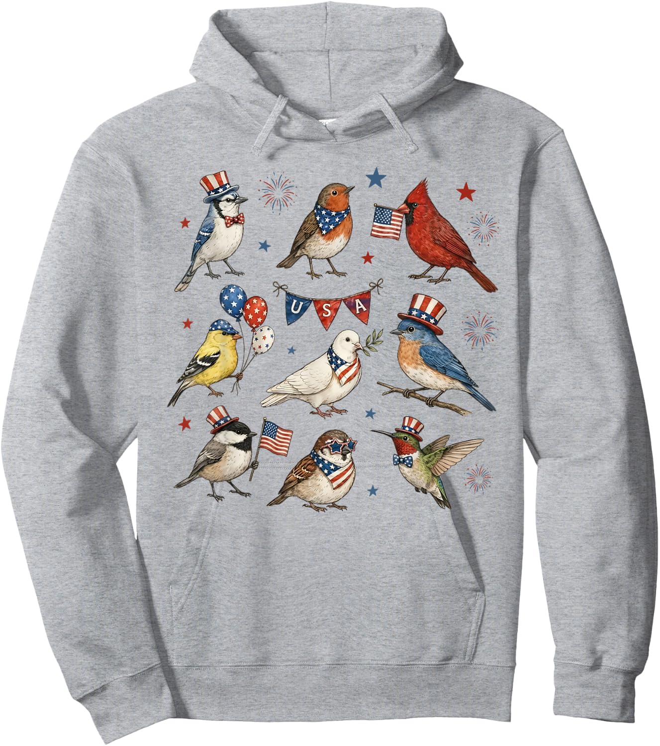 Patriotic Cute Birds 4th of July Bird Lover Independence Day Hoodie - Hoodie | Ash