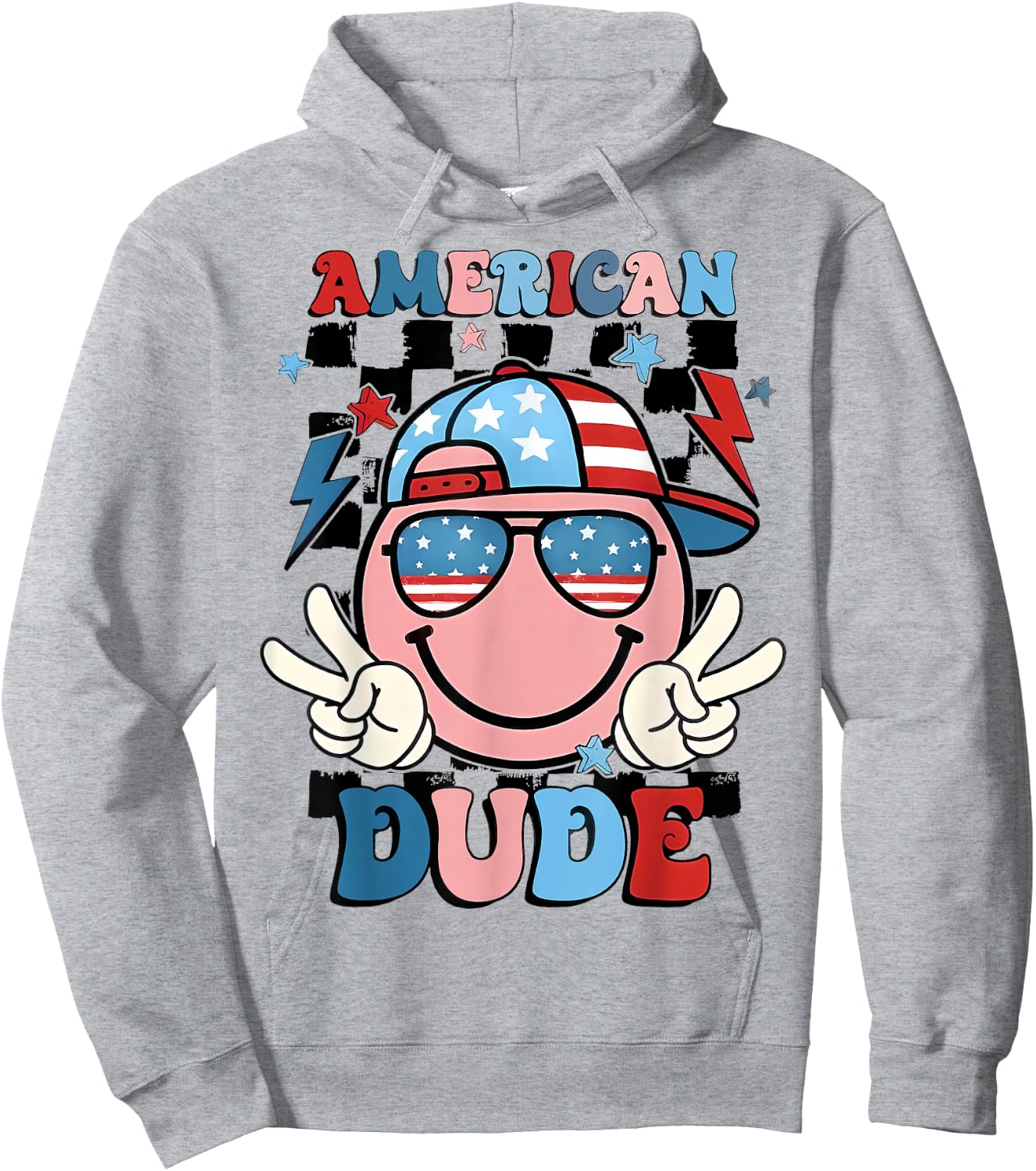 Checkered American Dude US Flag Cap Boy 4th of July Hoodie - Hoodie | Ash