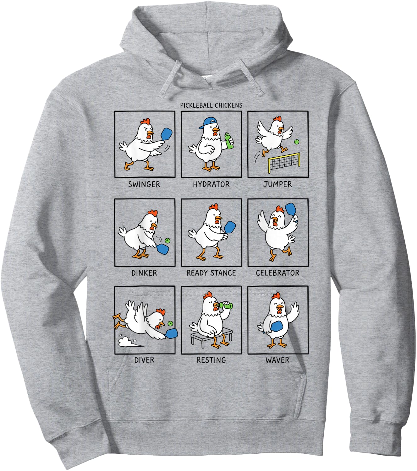 Funny Pickleball Chicken Cartoon Players Paddle Humor Art Hoodie - Hoodie | Ash
