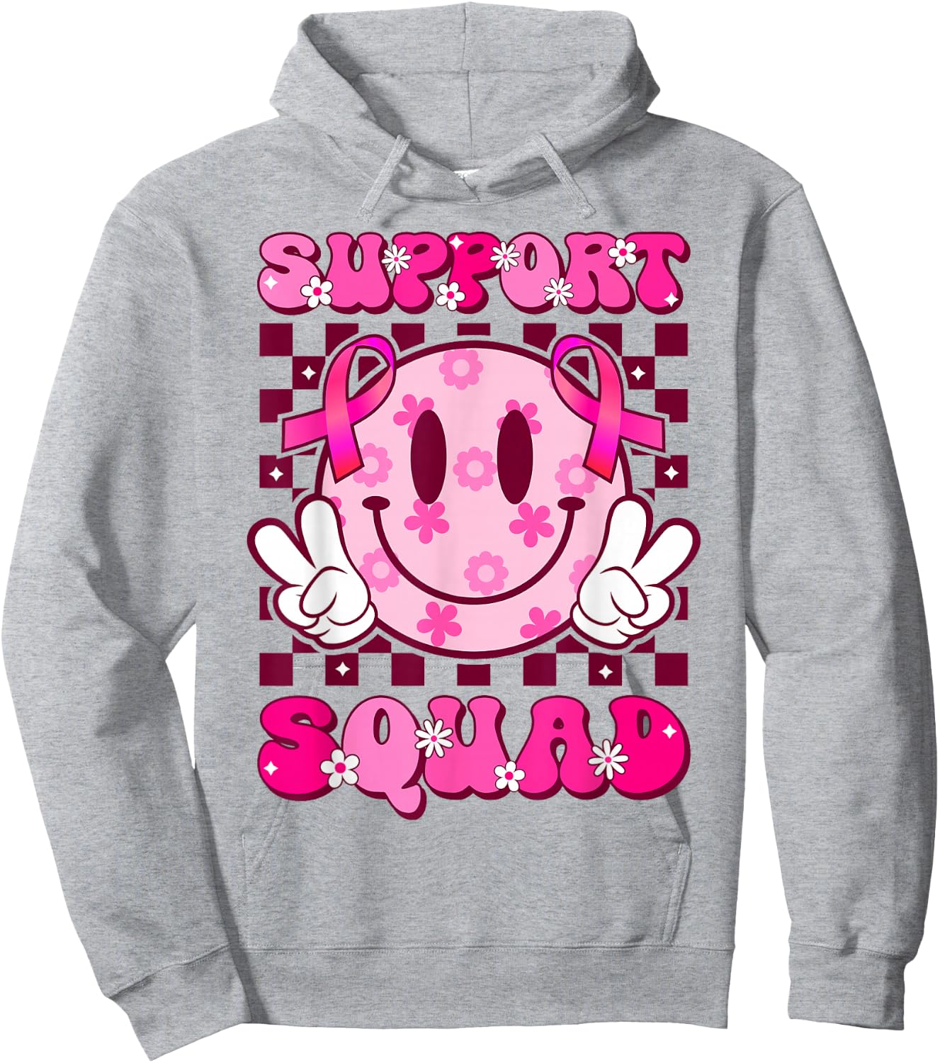 Groovy Smile Face Pink Ribbon Support Squad Breast Cancer Hoodie - Hoodie | Ash