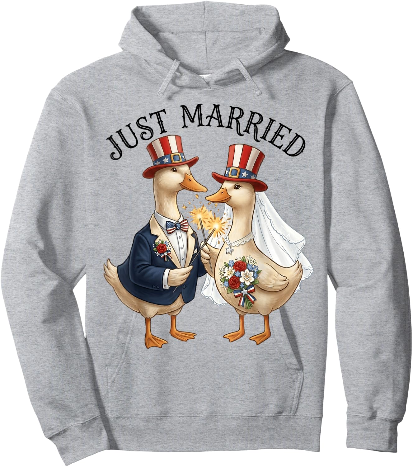 Just Married Patriotic Duck Couple Funny 4th of July Brided Hoodie - Hoodie | Ash