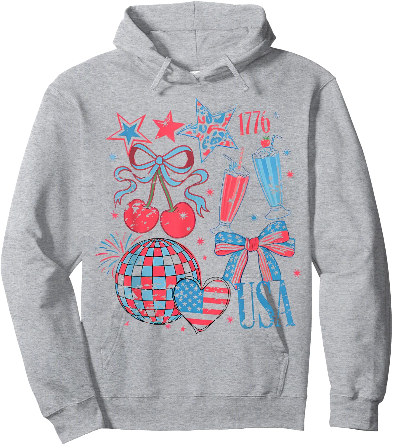 Retro USA Coquette Cherry Bow 4th of July American Girl Hoodie - Hoodie | Ash