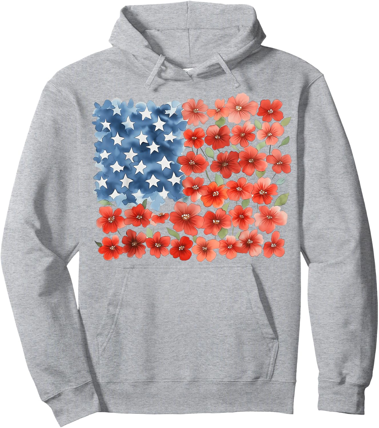 Red Poppy Flower American Flag Memorial Day Floral July 4th Hoodie - Hoodie | Ash