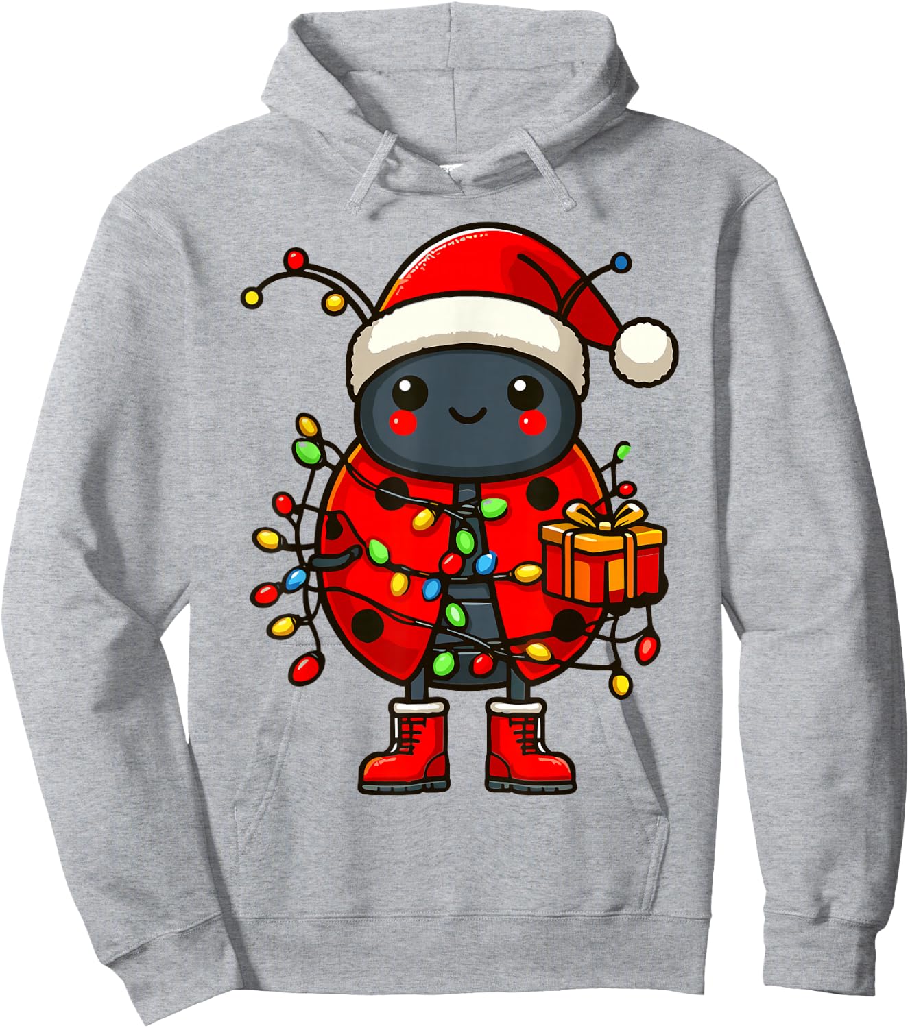 Ladybug Wearing Santa Hat, Holding A Present Box Xmas Hoodie - Hoodie | Ash