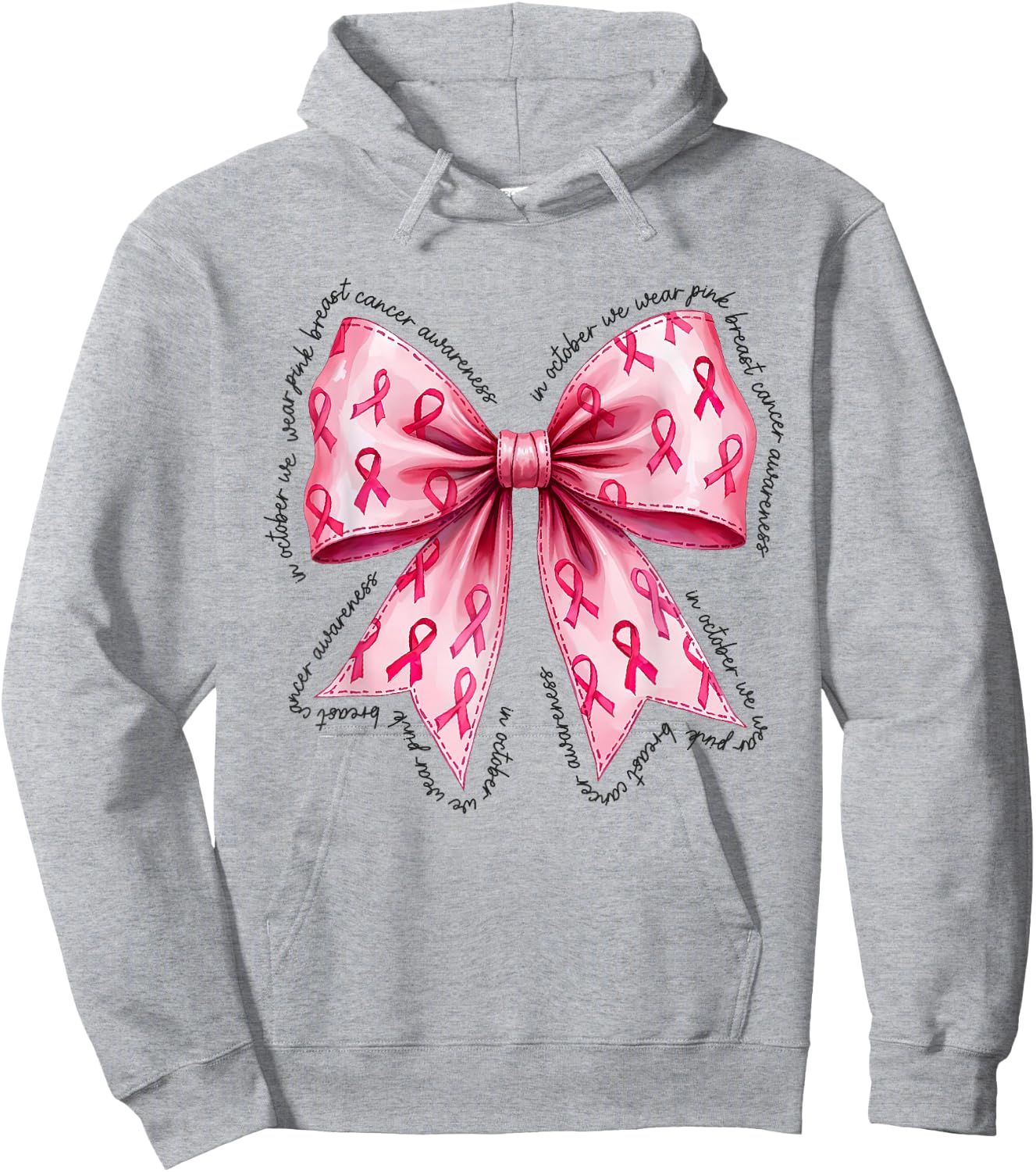 In October We Wear Pink Breast Cancer Awareness Bow Coquette Hoodie - Hoodie | Ash