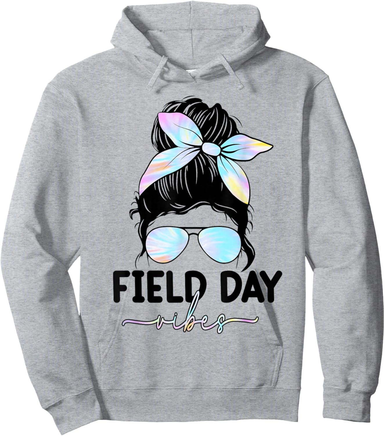 Field Day Vibes Messy Bun Girl School Field Day Fun Tie Dye Hoodie - Hoodie | Ash