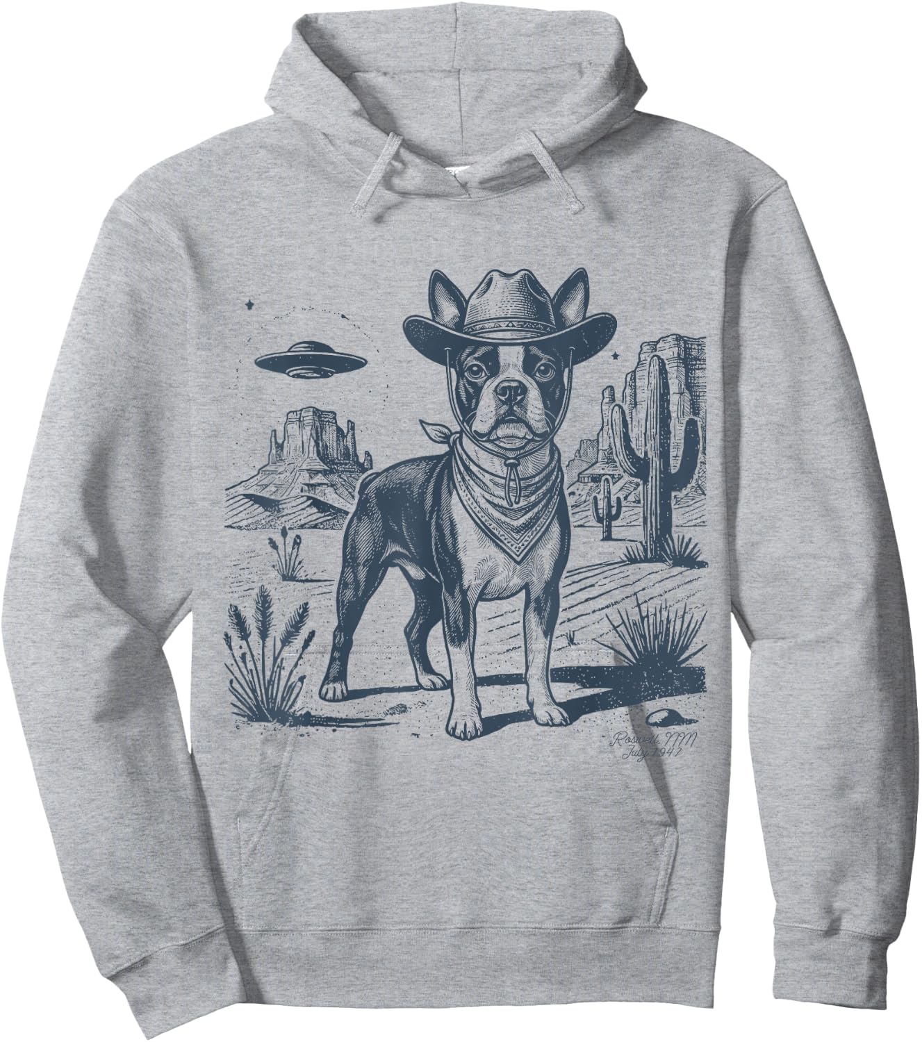 Vintage Alien UFO Western Cowboy Boston Terrier Dog Desert Hoodie - Hoodie | Ash
