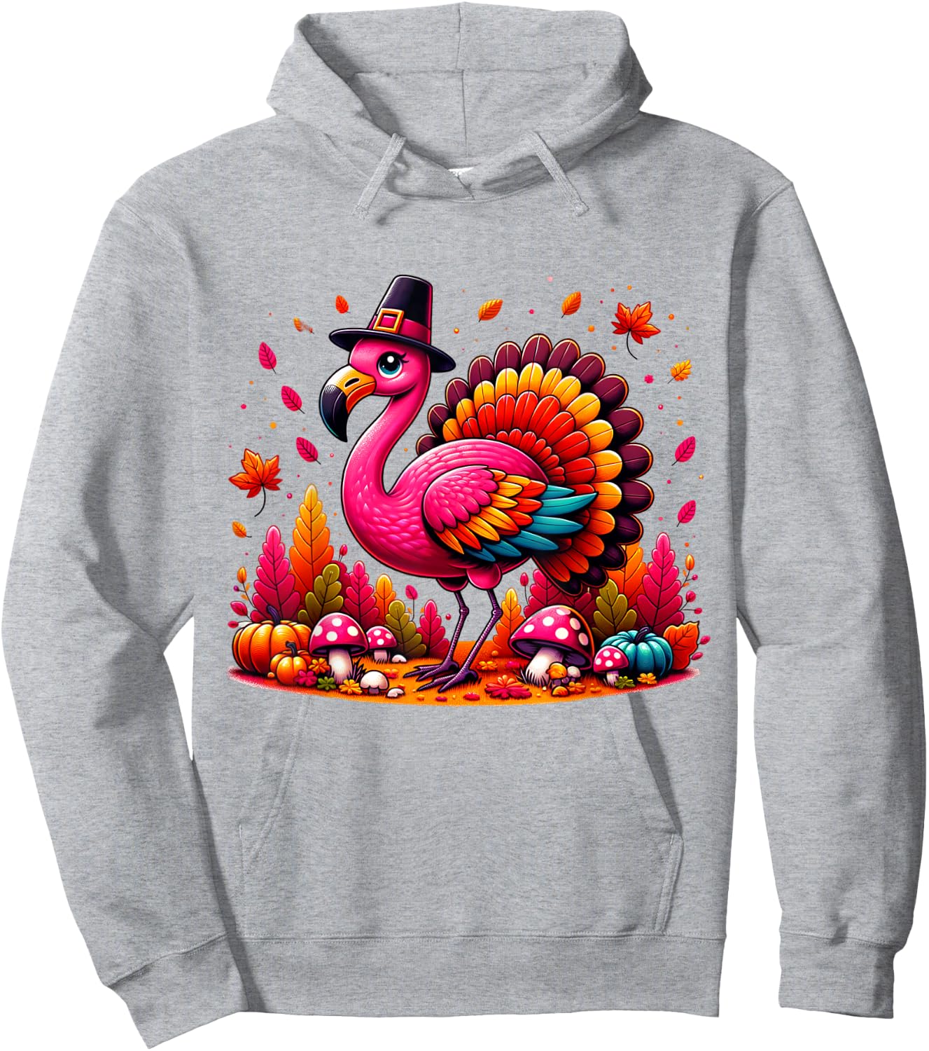 Flamingo Turkey Cute Flamingo Turkey Fall Leaf Thanksgiving Hoodie - Hoodie | Ash