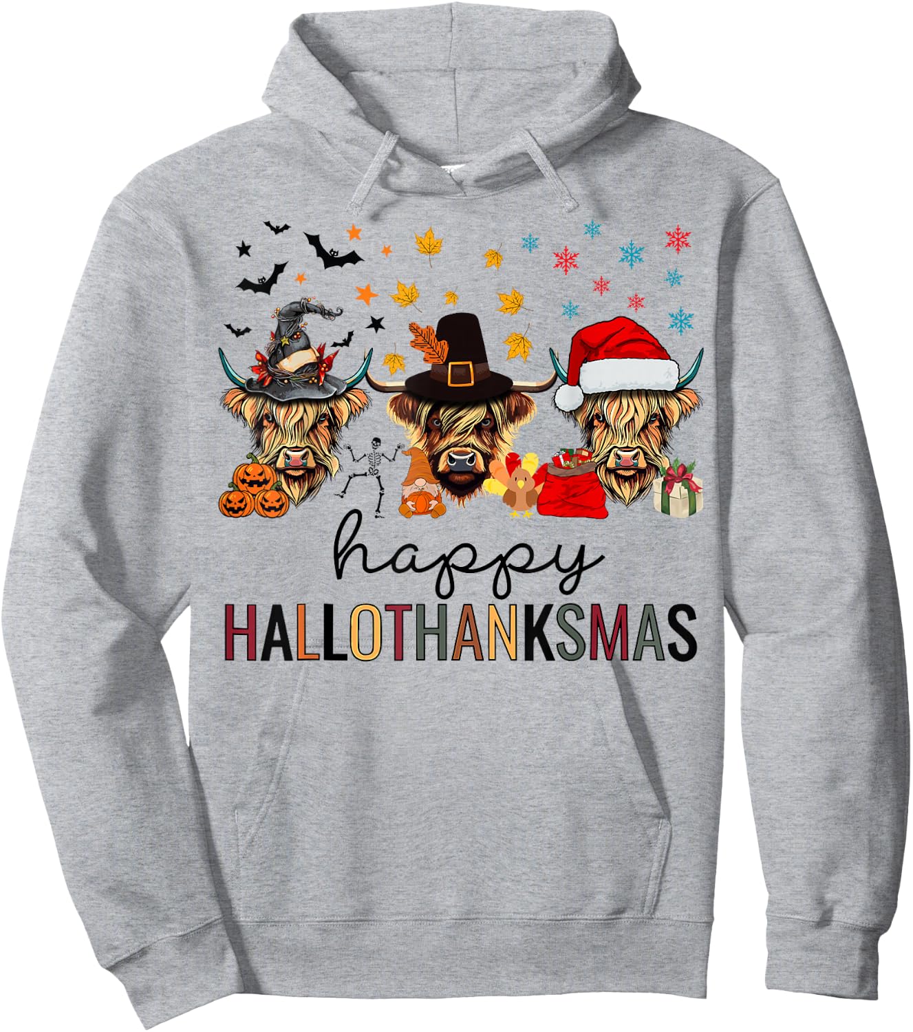 Happy Hallothanksmas Highland Cow Halloween Christmas Hoodie - Hoodie | Ash