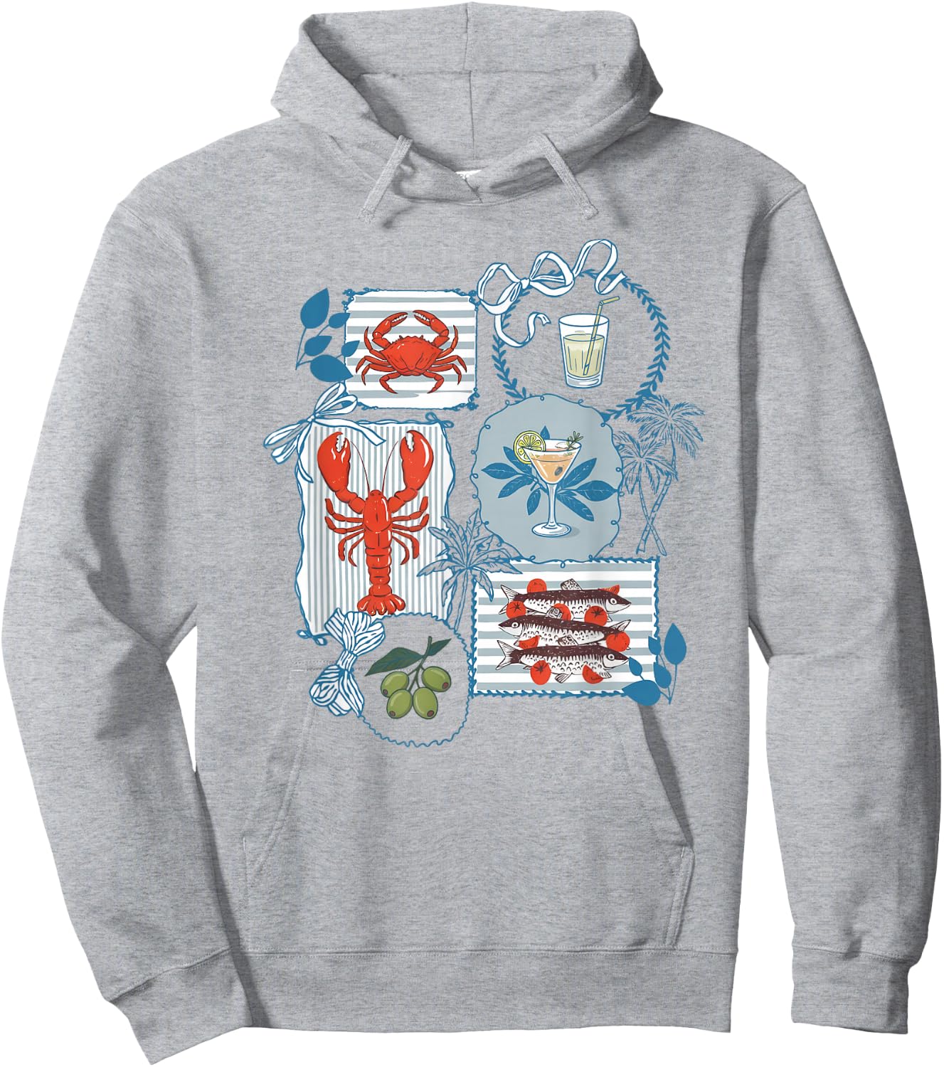 Aesthetic Italian Summer Coastal Chic Lobster Crab Sardines Hoodie - Hoodie | Ash