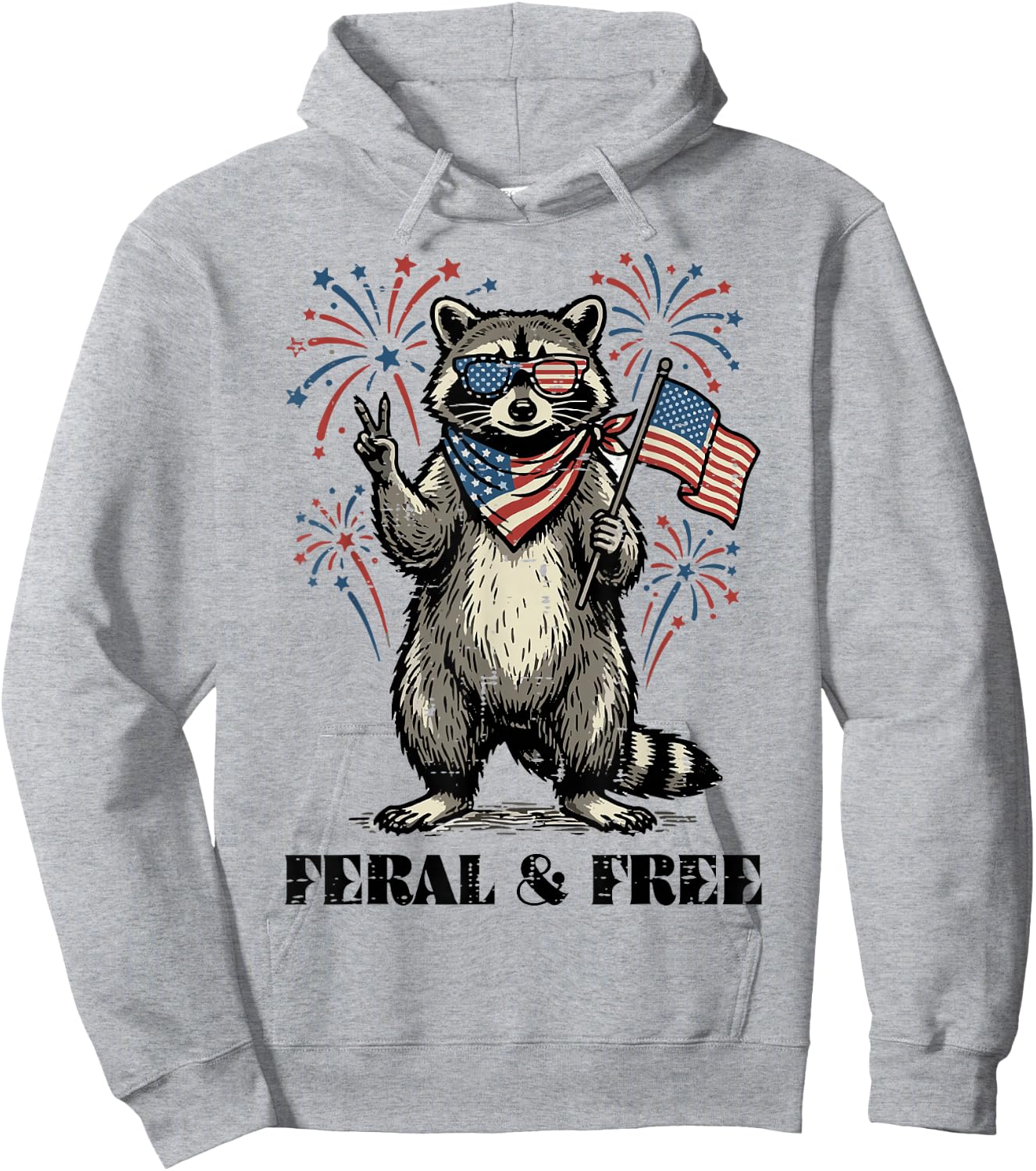 Raccoon Feral and Free US Flag 4th of July Men Women Kids Hoodie - Hoodie | Ash