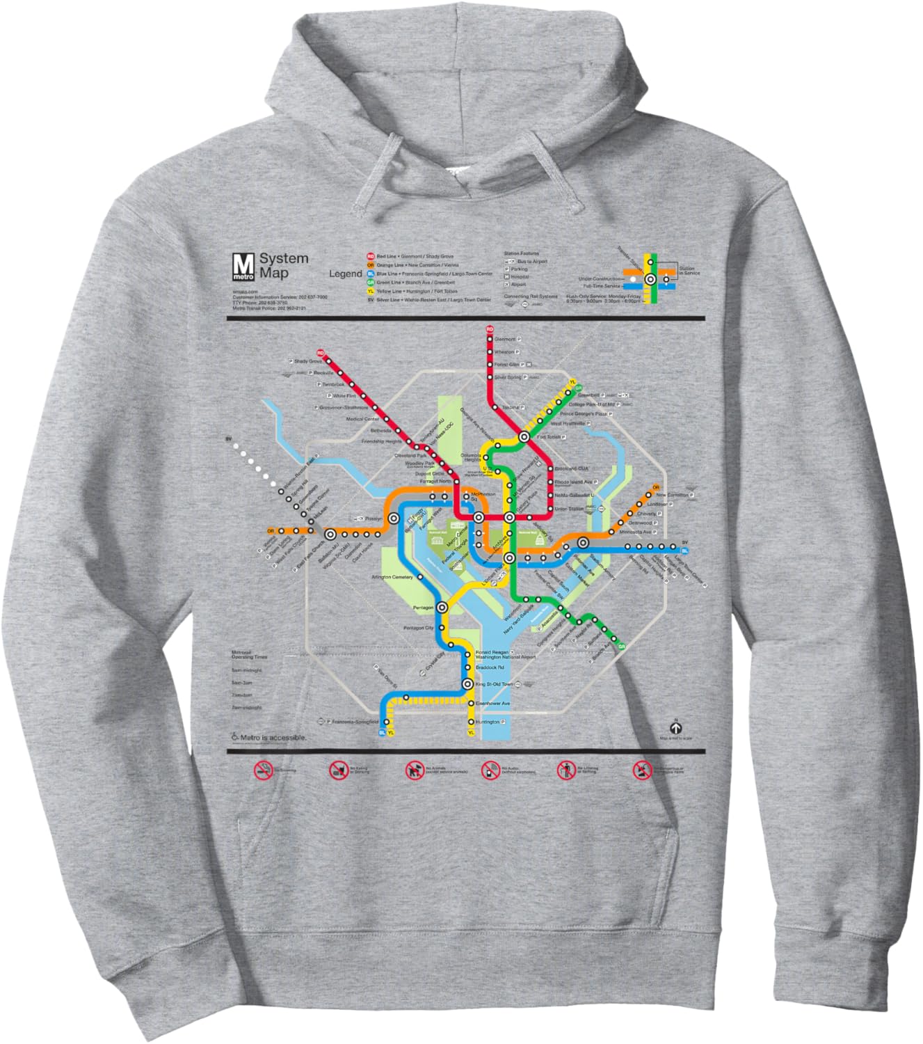Washington DC Metro Map Silver Line Hoodie - Hoodie | Ash