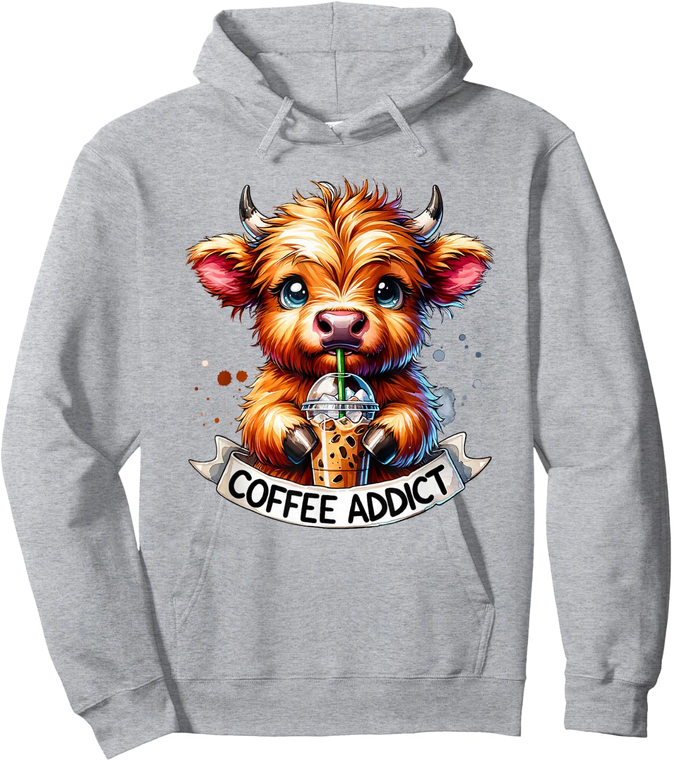 Cute Highland Cow Coffee Addict Hoodie - Hoodie | Ash