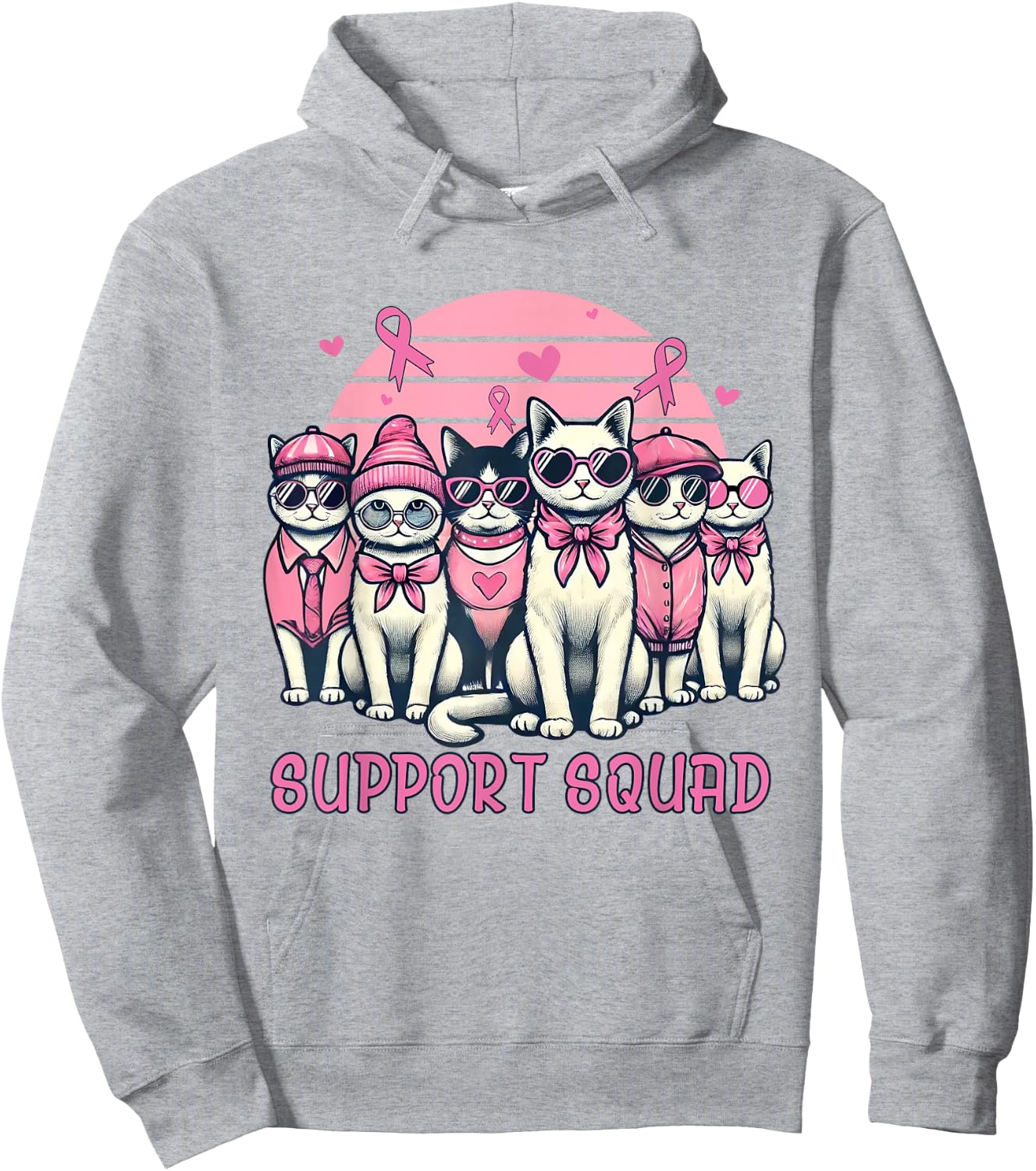 Support Squad Breast Cancer Women Cat Lover Pink Ribbon Hoodie - Hoodie | Ash