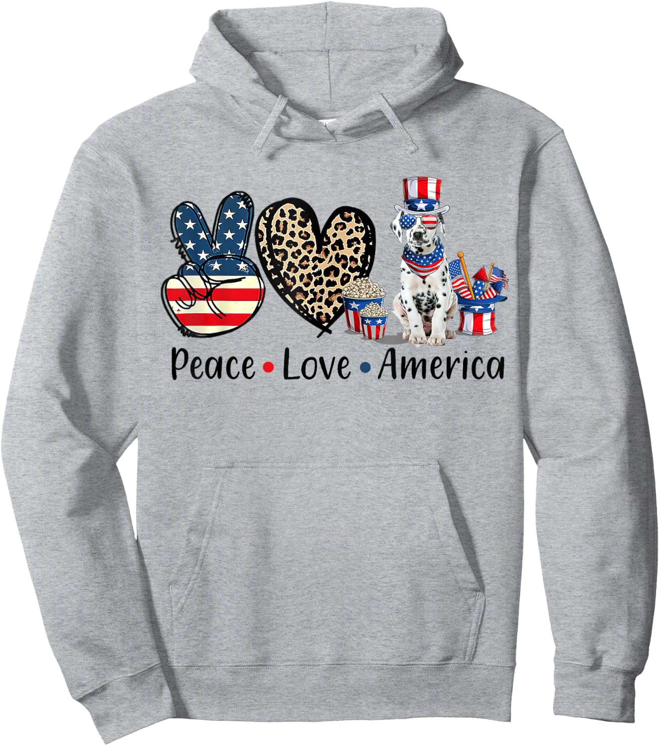 Peace Love Dalmatian Dog Patriotic America Flag 4th July Men Women Hoodie - Hoodie | Ash