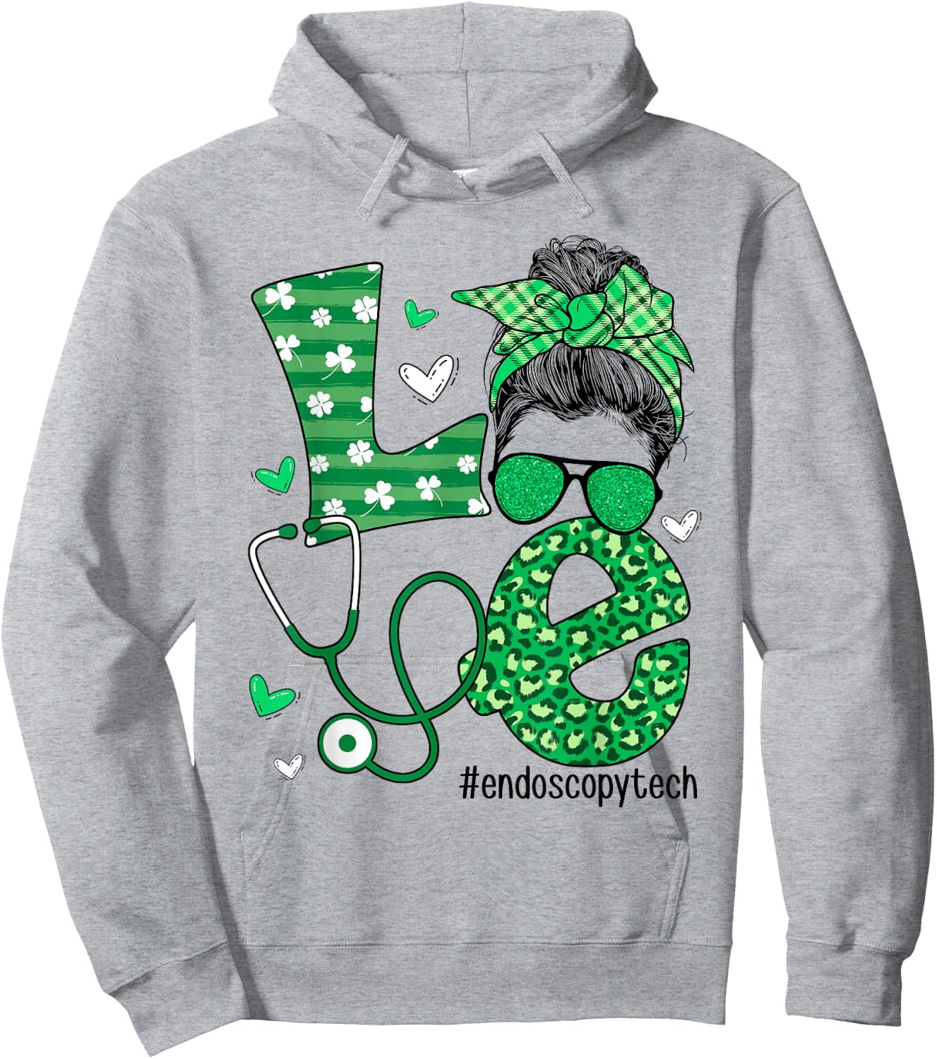 St Patrick's Day Shamrock Love Endoscopy Tech Life Messy Bun Hoodie - Hoodie | Ash