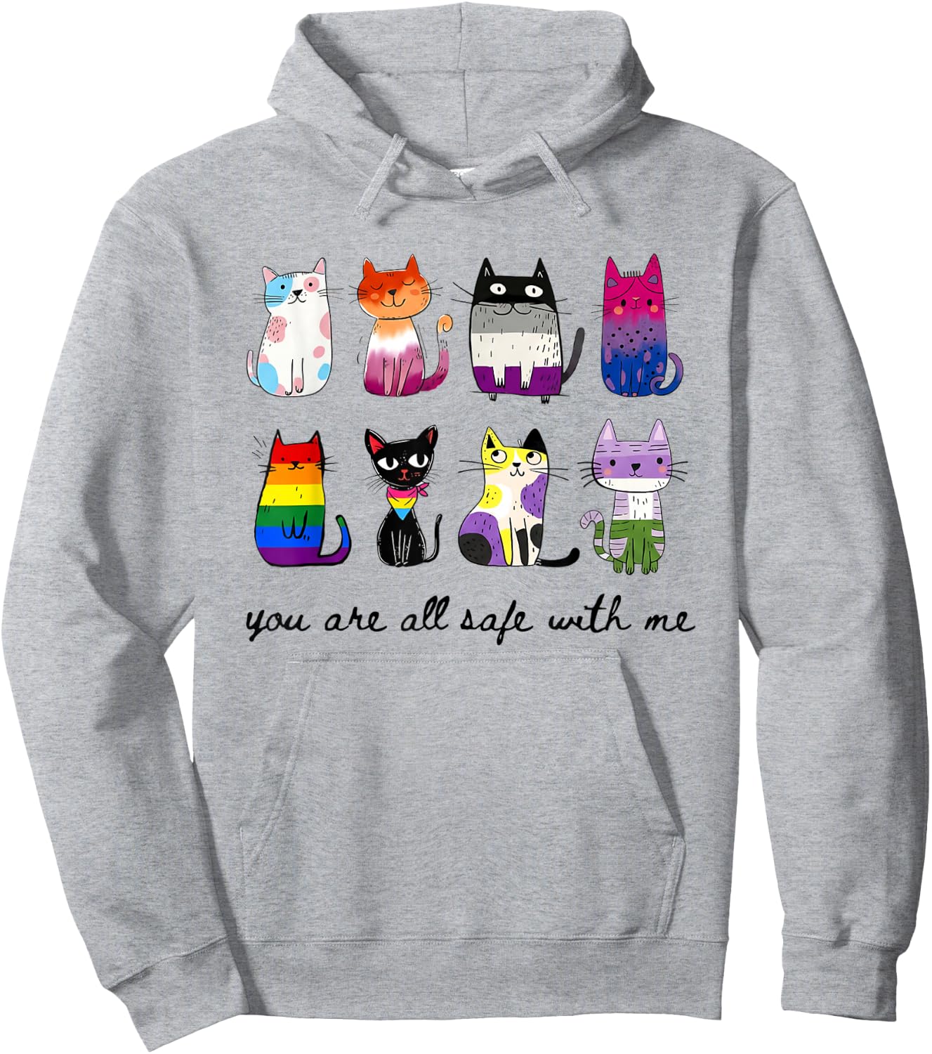 You are All Safe with Me Inclusive Pride Multi Flag LGBT Cat Hoodie - Hoodie | Ash