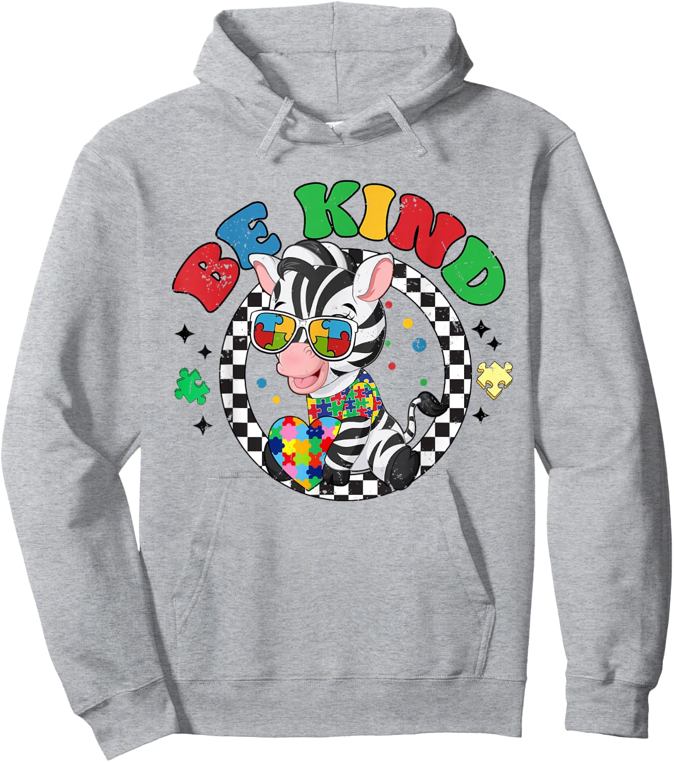 Retro Groovy Be Kind Zebra Sunglasses Autism Awareness Hoodie - Hoodie | Ash