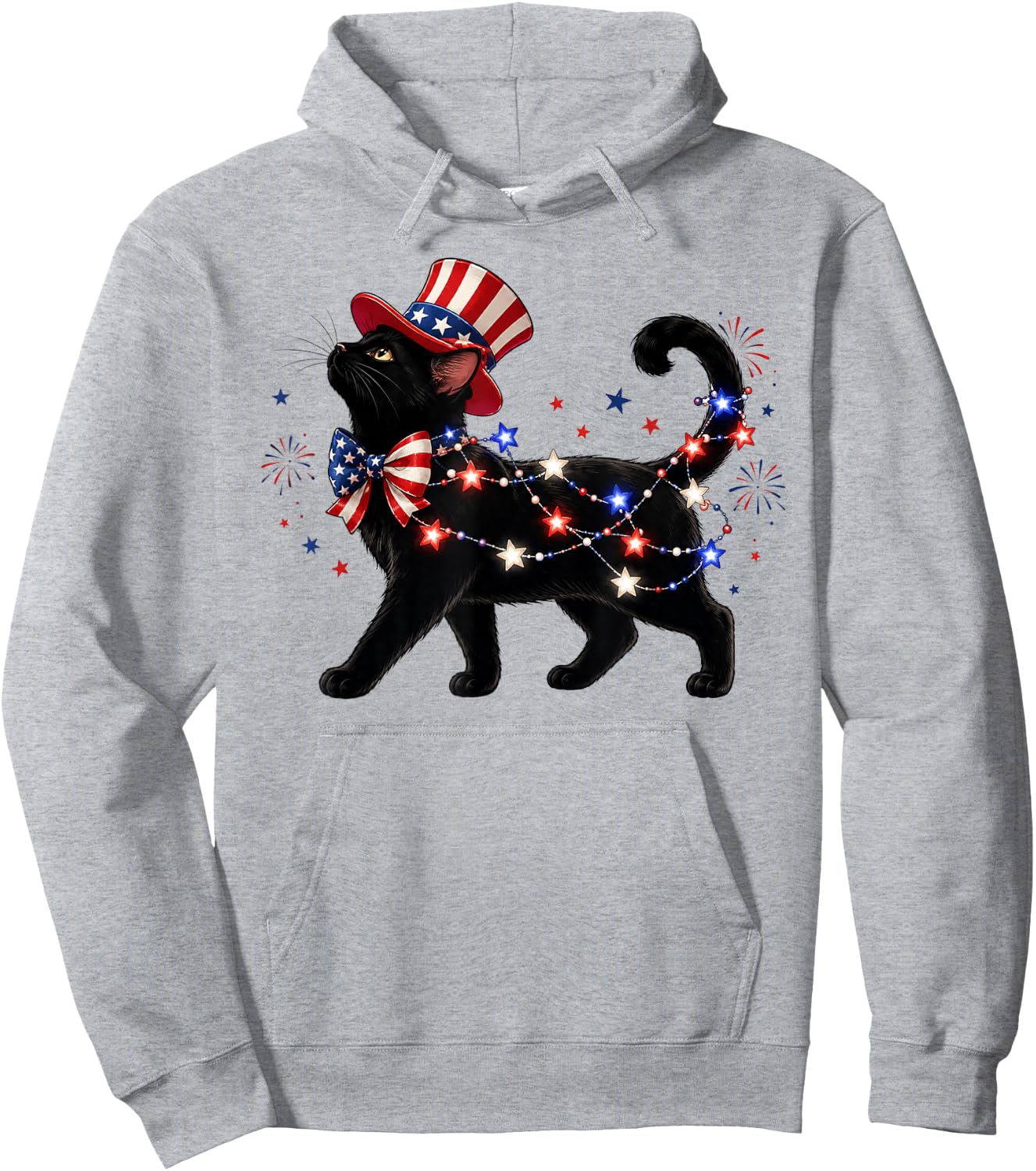 Patriotic Black Cat and Fireworks 4th of July Cat Lovers Hoodie - Hoodie | Ash