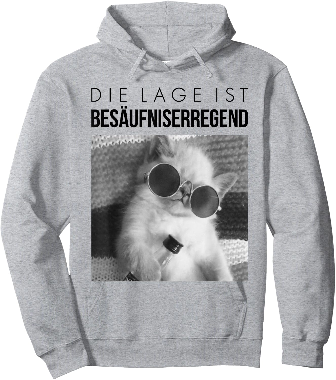 Fun with German Text "Die Lage ist besäufniserregend". Drunk Cat, White Hoodie - Hoodie | Ash