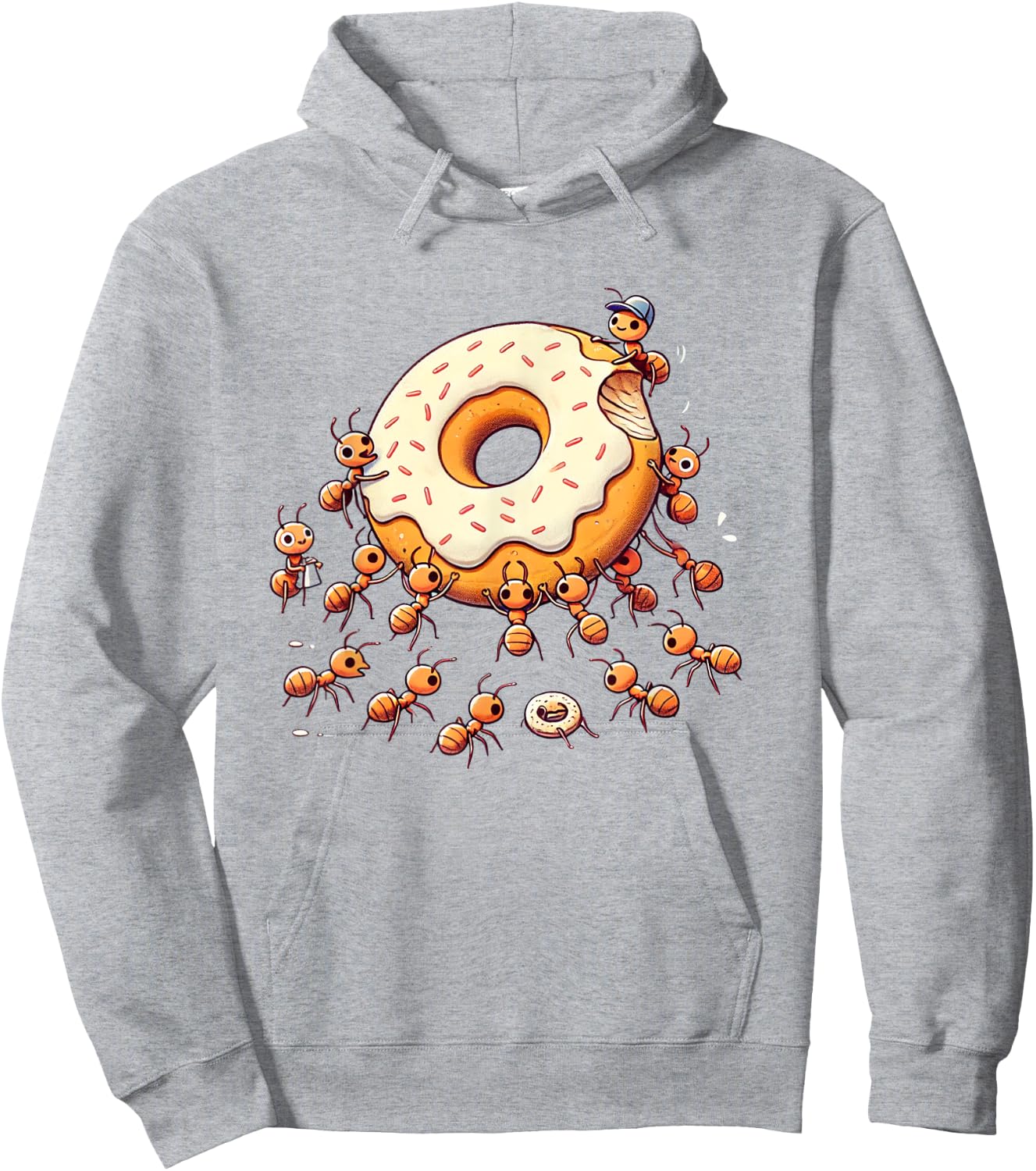 Cute Ants Carrying Giant Donut Funny Foodie Graphic Hoodie - Hoodie | Ash