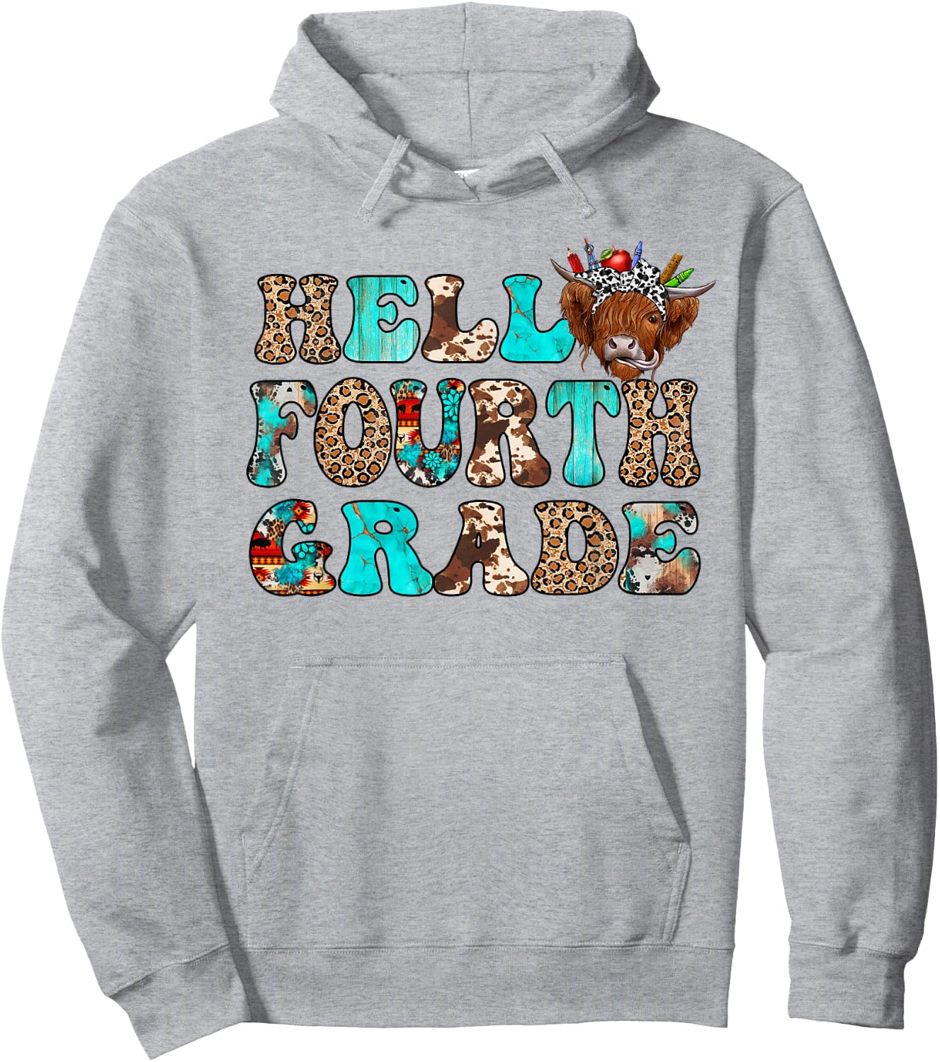 Hello Fourth Grade Team Highland Cow First Day Of 4th Grade Hoodie - Hoodie | Ash