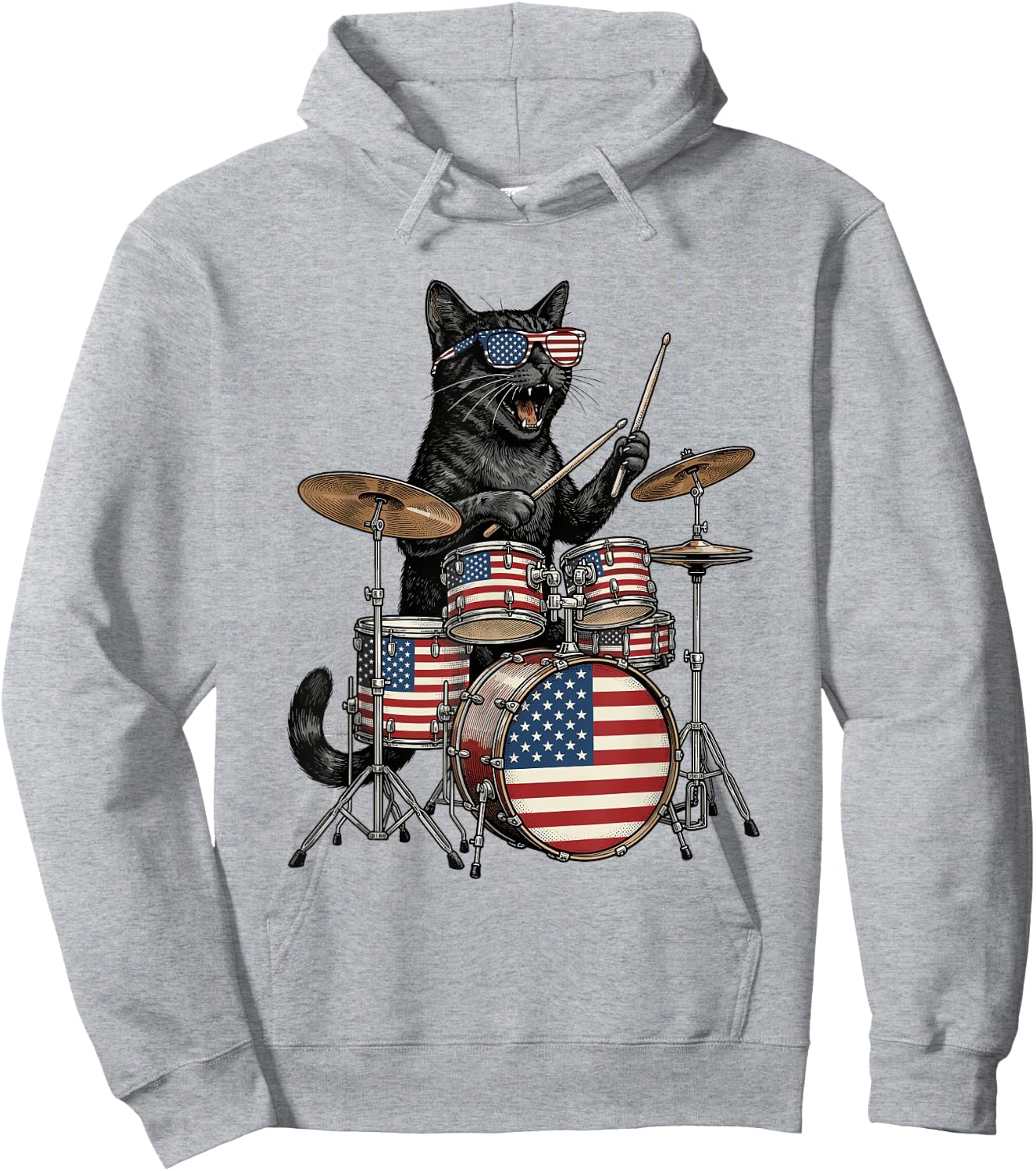 Cat Playing Drums American Flag Drumset 4th of July Drummer Hoodie - Hoodie | Ash