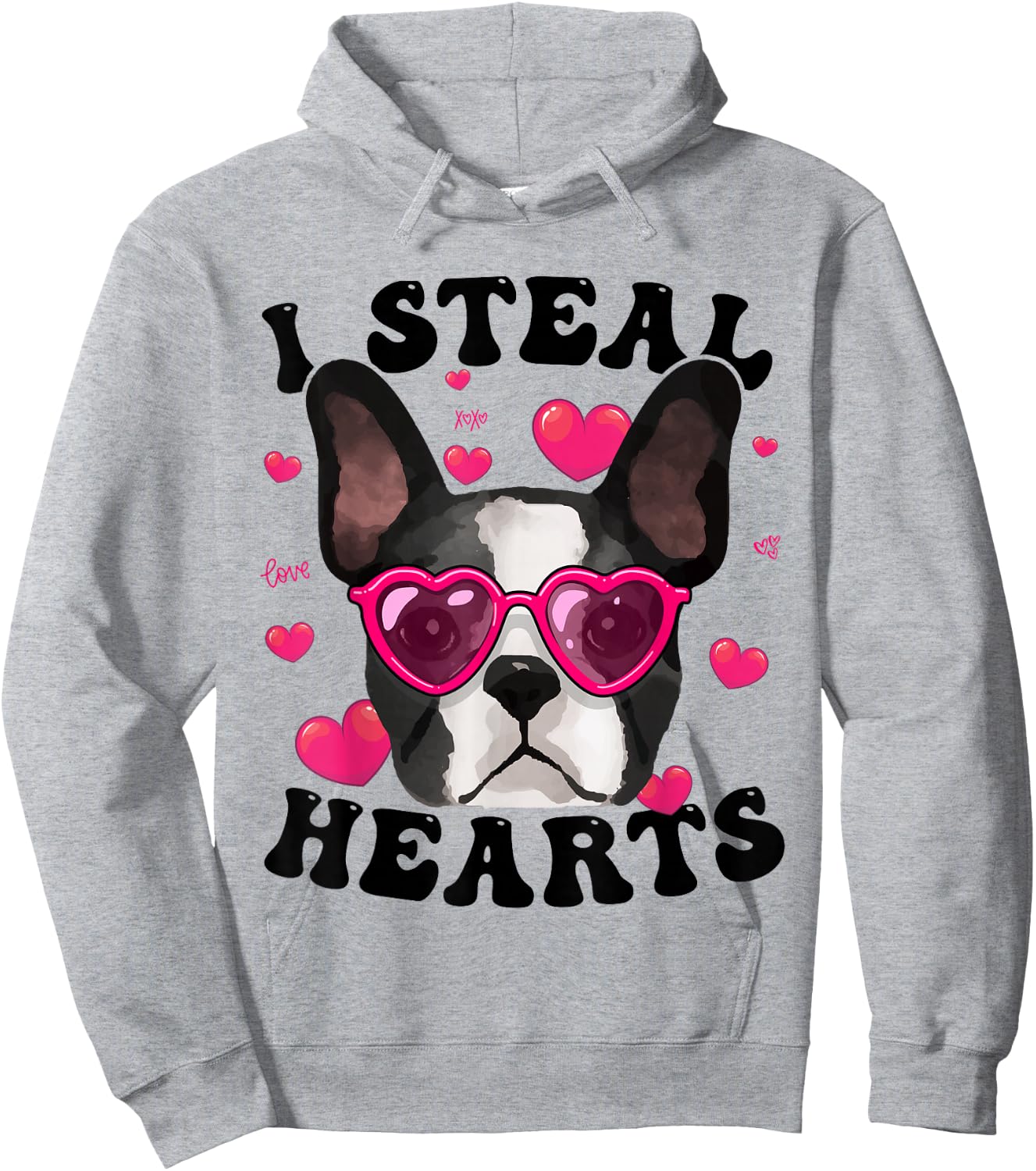 Boston Terrier Heart Glasses Girls Bostie Valentines Day Hoodie - Hoodie | Ash