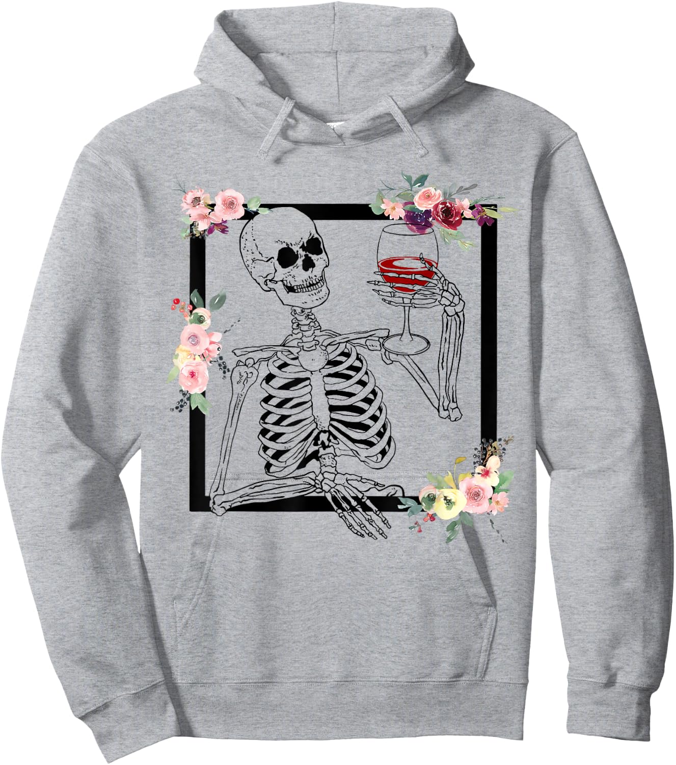 Halloween Funny Hallo-Wine Floral Skeleton Drinking Wine Hoodie - Hoodie | Ash