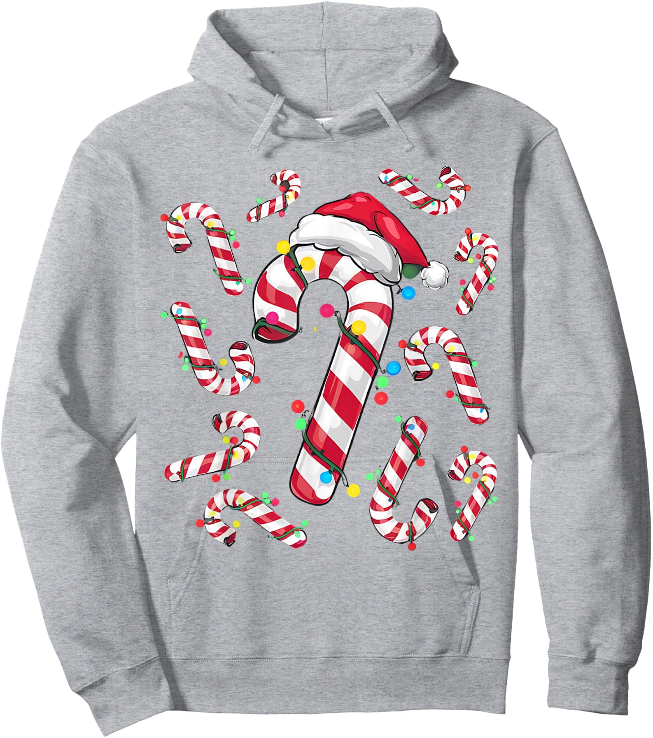 Cute Christmas Candy Cane Santa Hat and Christmas Lights Hoodie - Hoodie | Ash