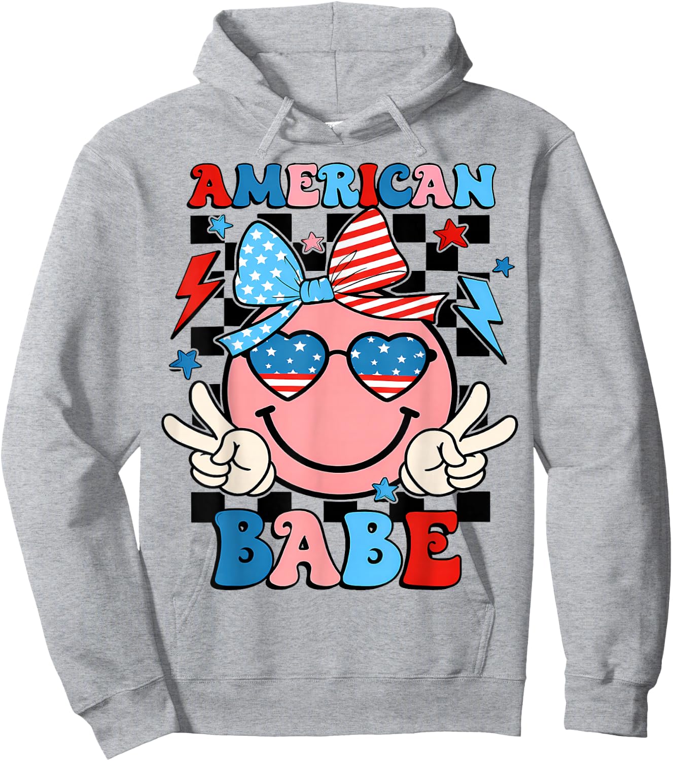 Checkered American Dude US Flag Bow Girl 4th of July Hoodie - Hoodie | Ash