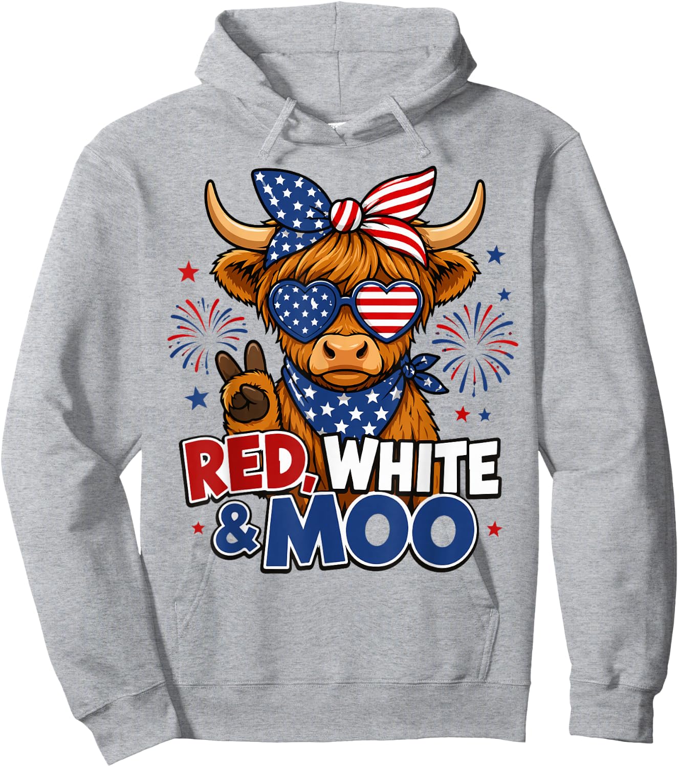 Red White & Moo Highland Cow 4th of July American Flag Women Hoodie - Hoodie | Ash