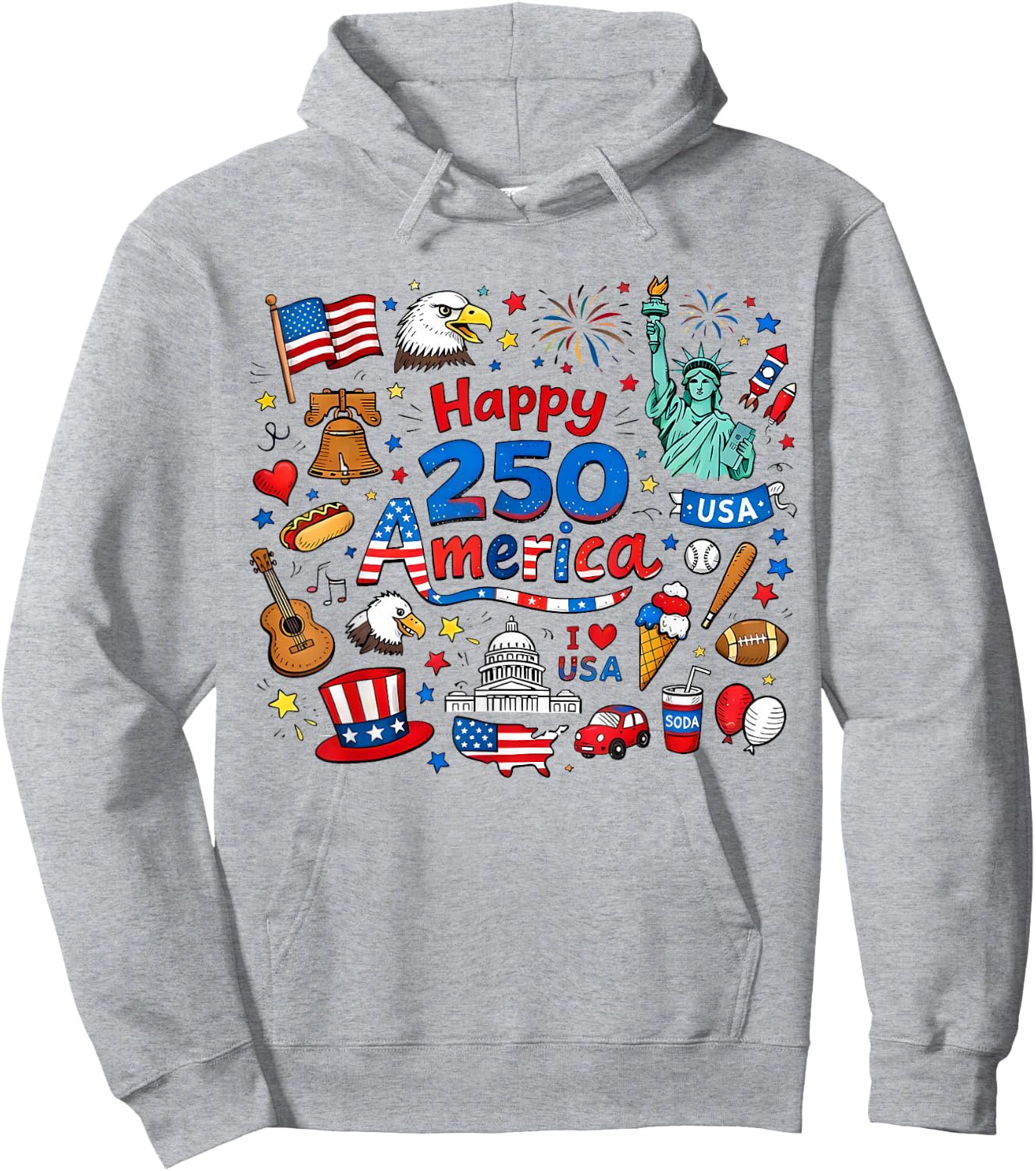Happy 250 America Doodle 1776–2026 4th of July Teacher Kids Hoodie - Hoodie | Ash