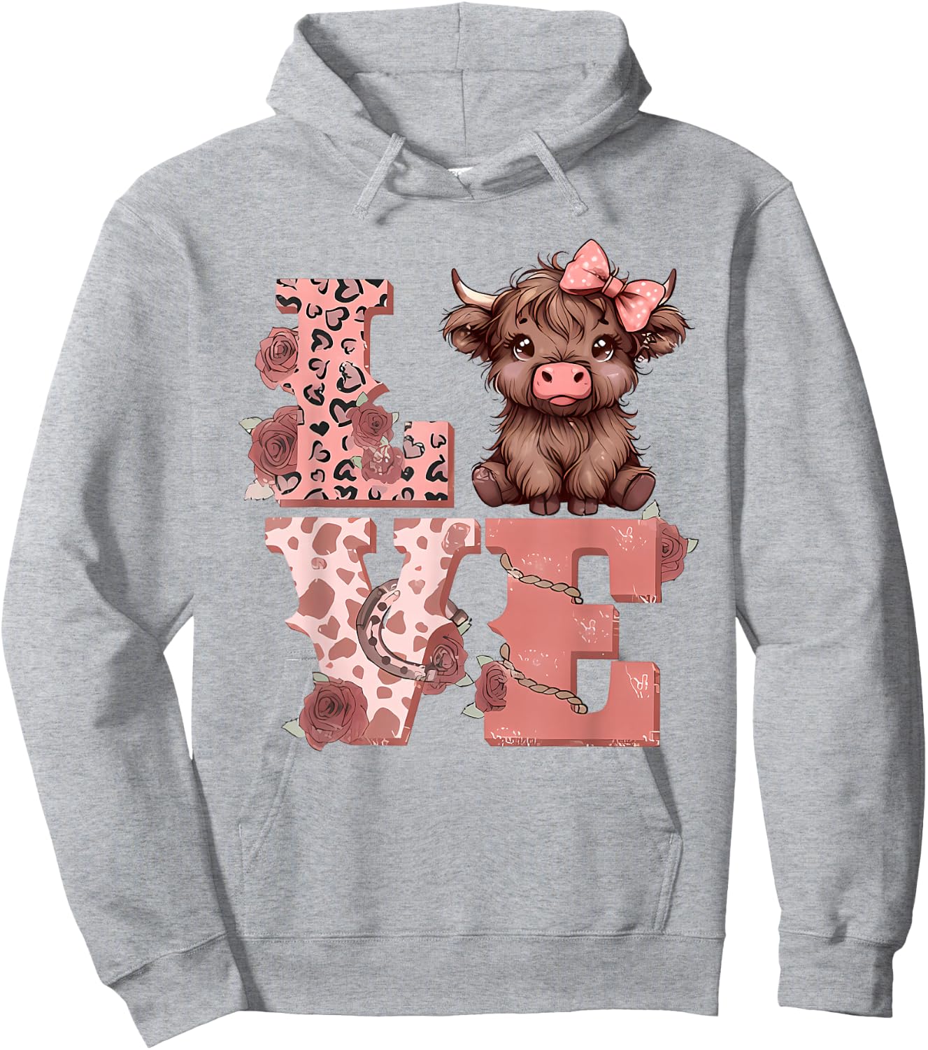Valentine Highland Cow Love Animal Cute Cow Heart Bandana Hoodie - Hoodie | Ash