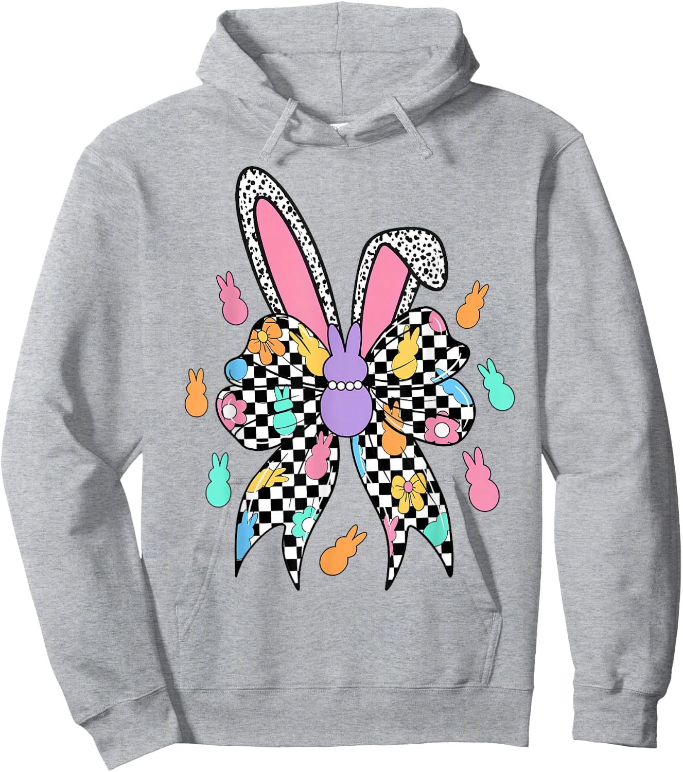 Happy Easter Bunny Checkered Coquette Bow Ears Women Girl Hoodie - Hoodie | Ash