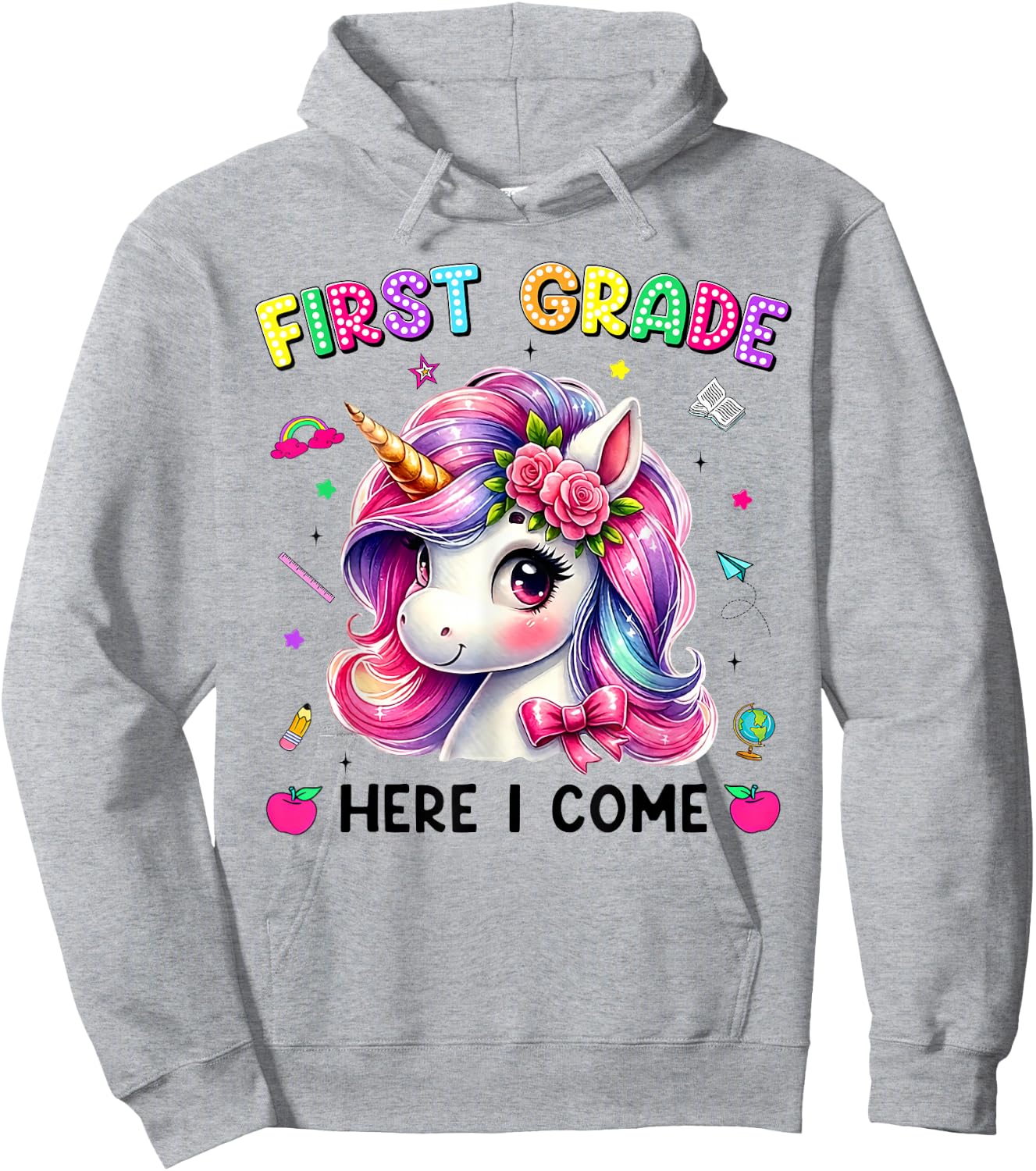 First Grade Here I Come Cute Unicorn Back to School Girls Hoodie - Hoodie | Ash