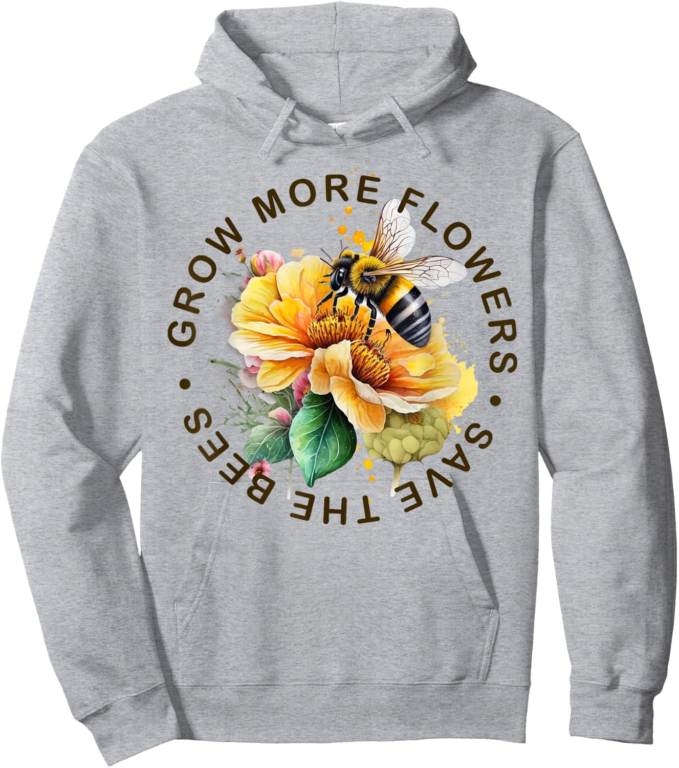 Grow More Flowers Save the Bees - Bee and Flower Graphic Hoodie - Hoodie | Ash
