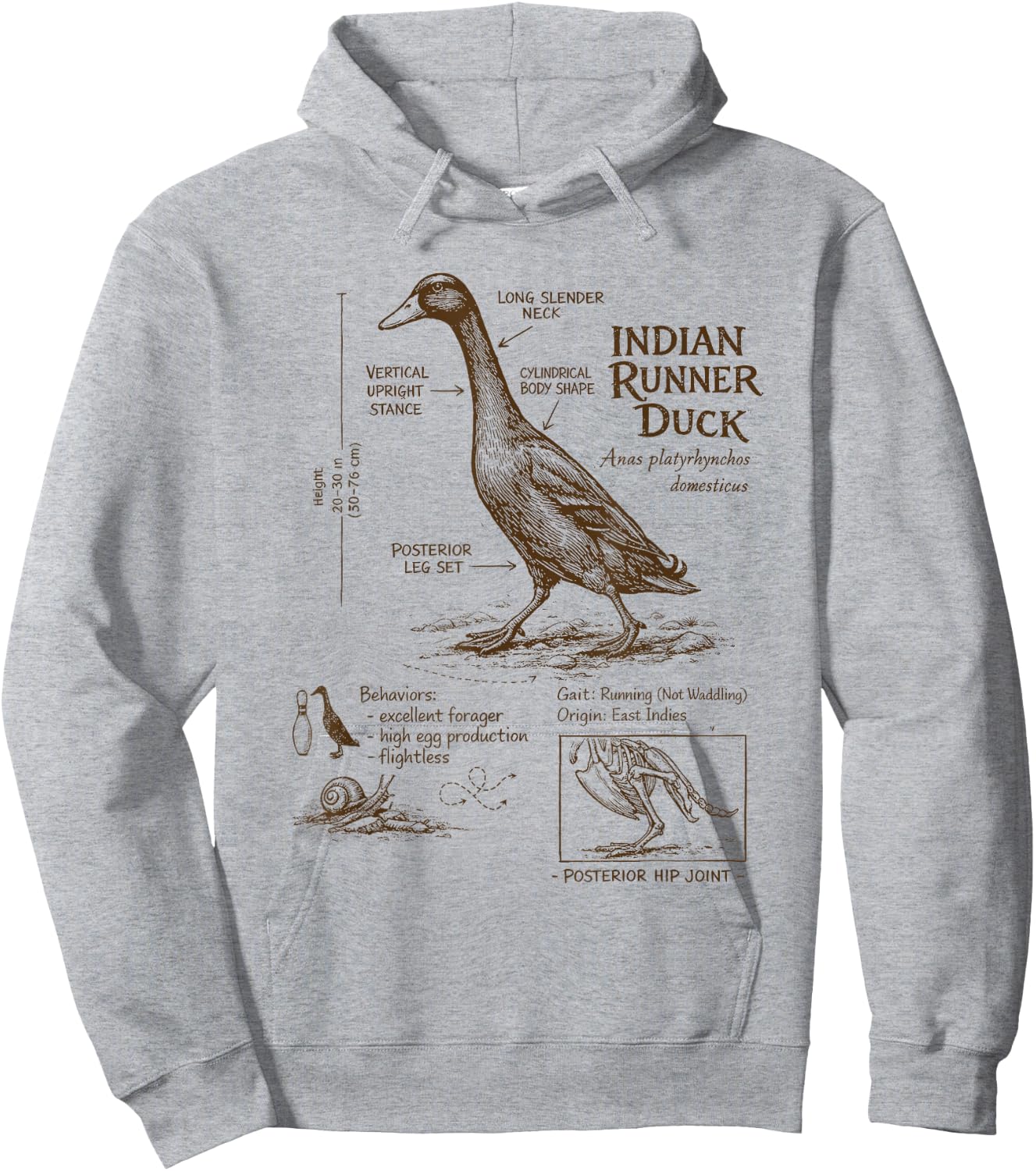 Indian Runner Duck Lover Detailed Anatomy Wildlife Animal Hoodie - Hoodie | Ash